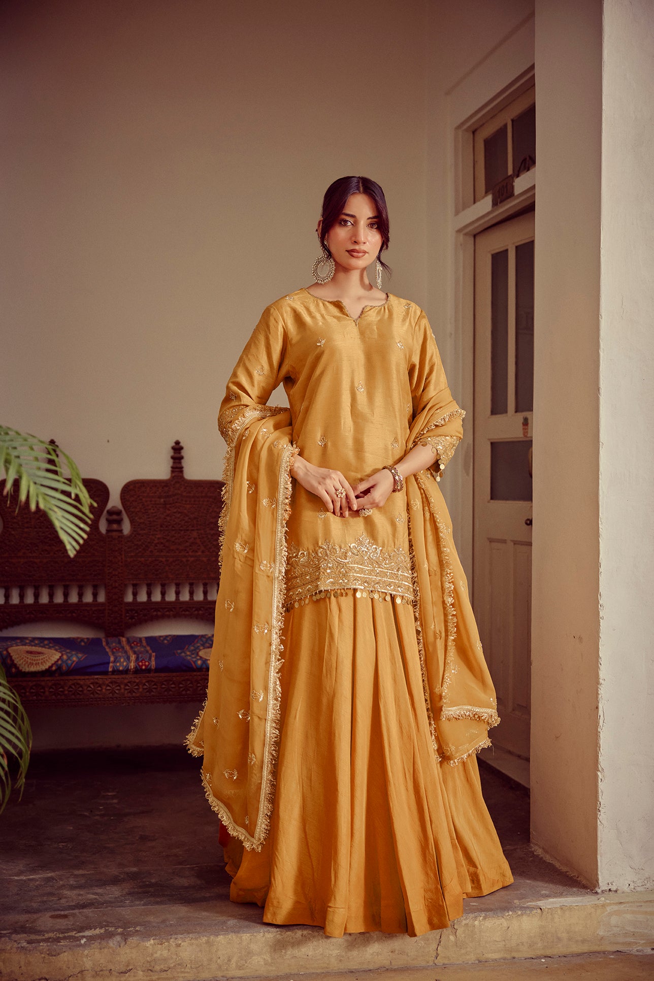 Heera - Gold Beige Zardozi Kurta Lehenga Dupatta Set