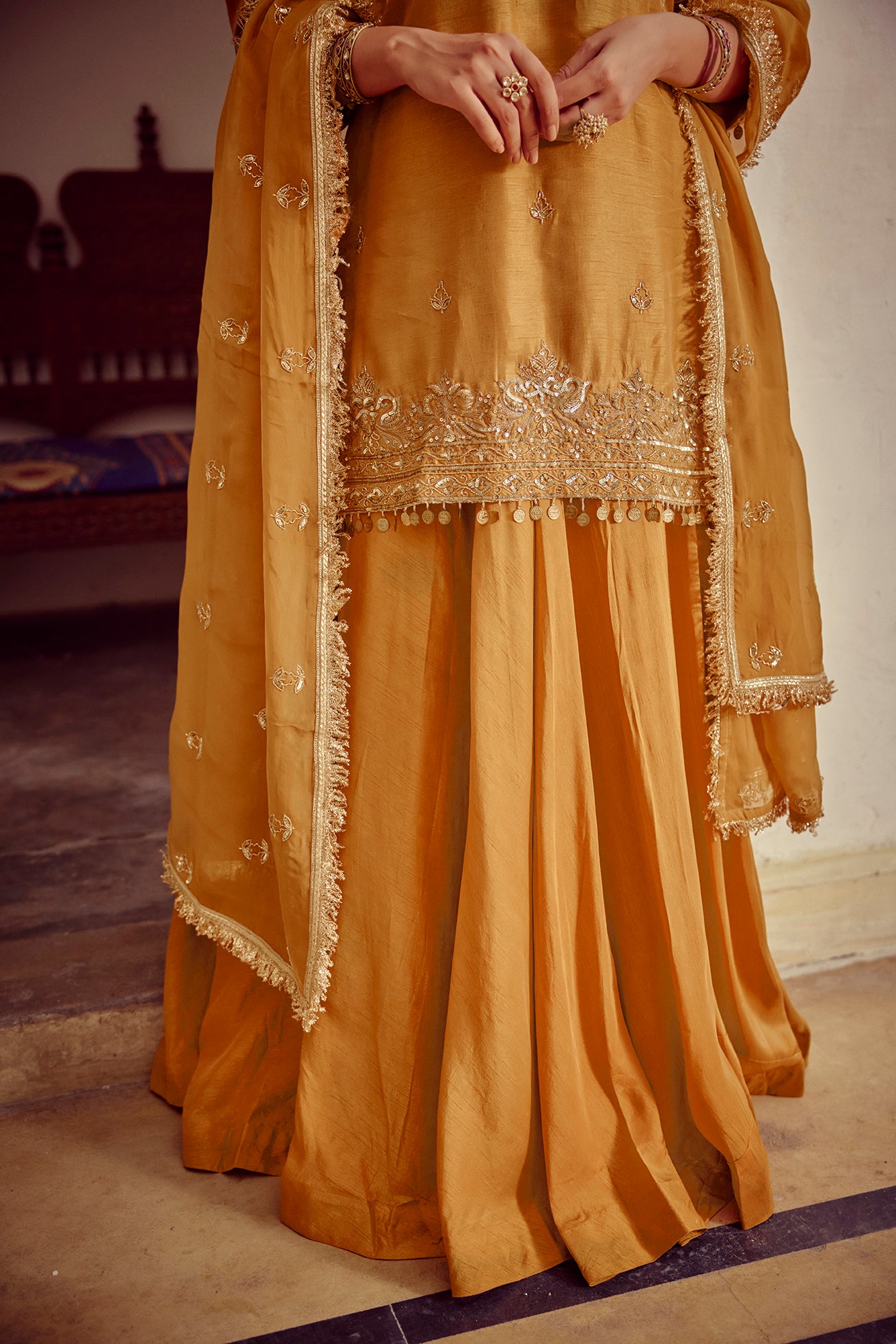 Heera - Gold Beige Zardozi Kurta Lehenga Dupatta Set