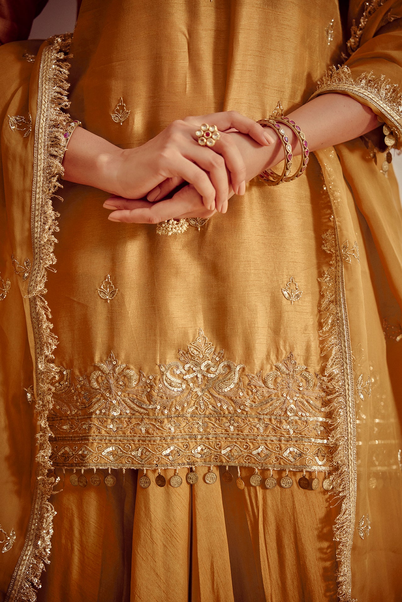 Heera - Gold Beige Zardozi Kurta Lehenga Dupatta Set