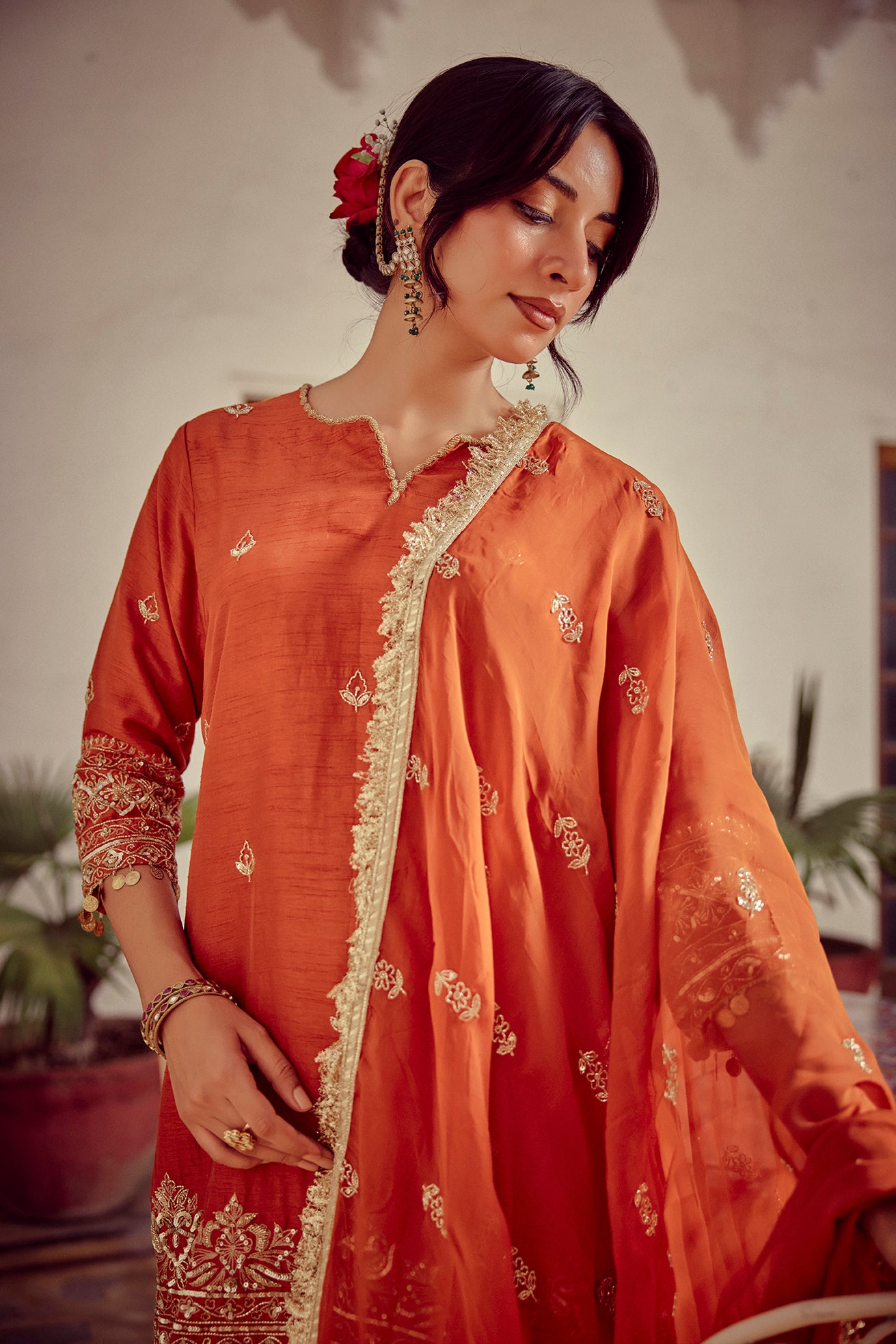 Mahira - Rust Zardozi Kurta Lehenga Dupatta Set