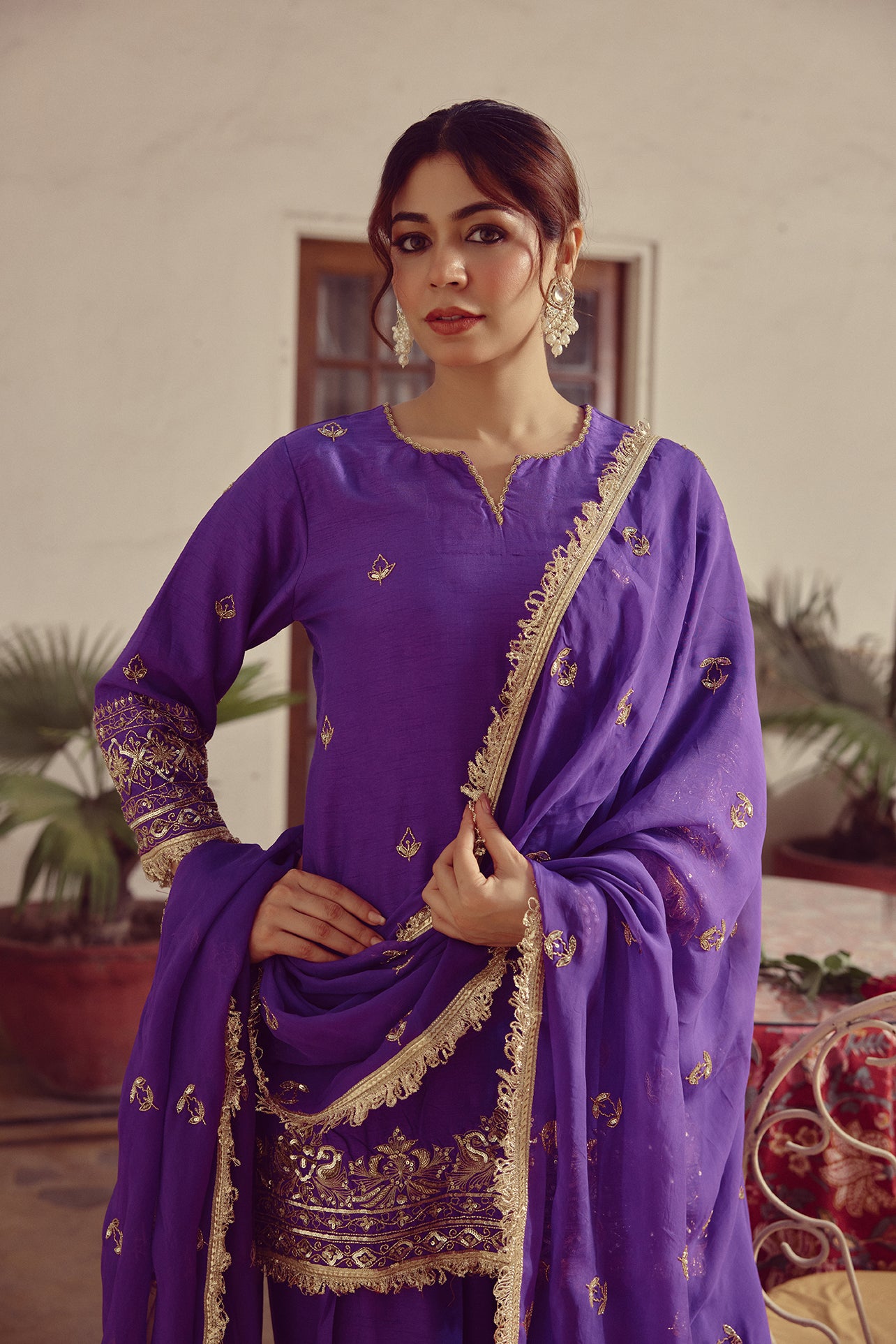 Aabroo - Purple Kurta Farshi Dupatta Set