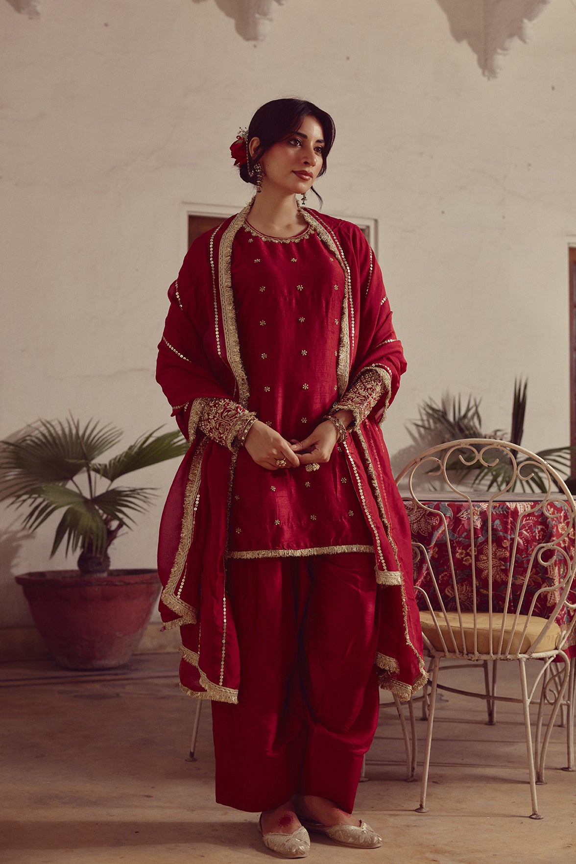 Adya - Red Kurta Farshi Dupatta Set
