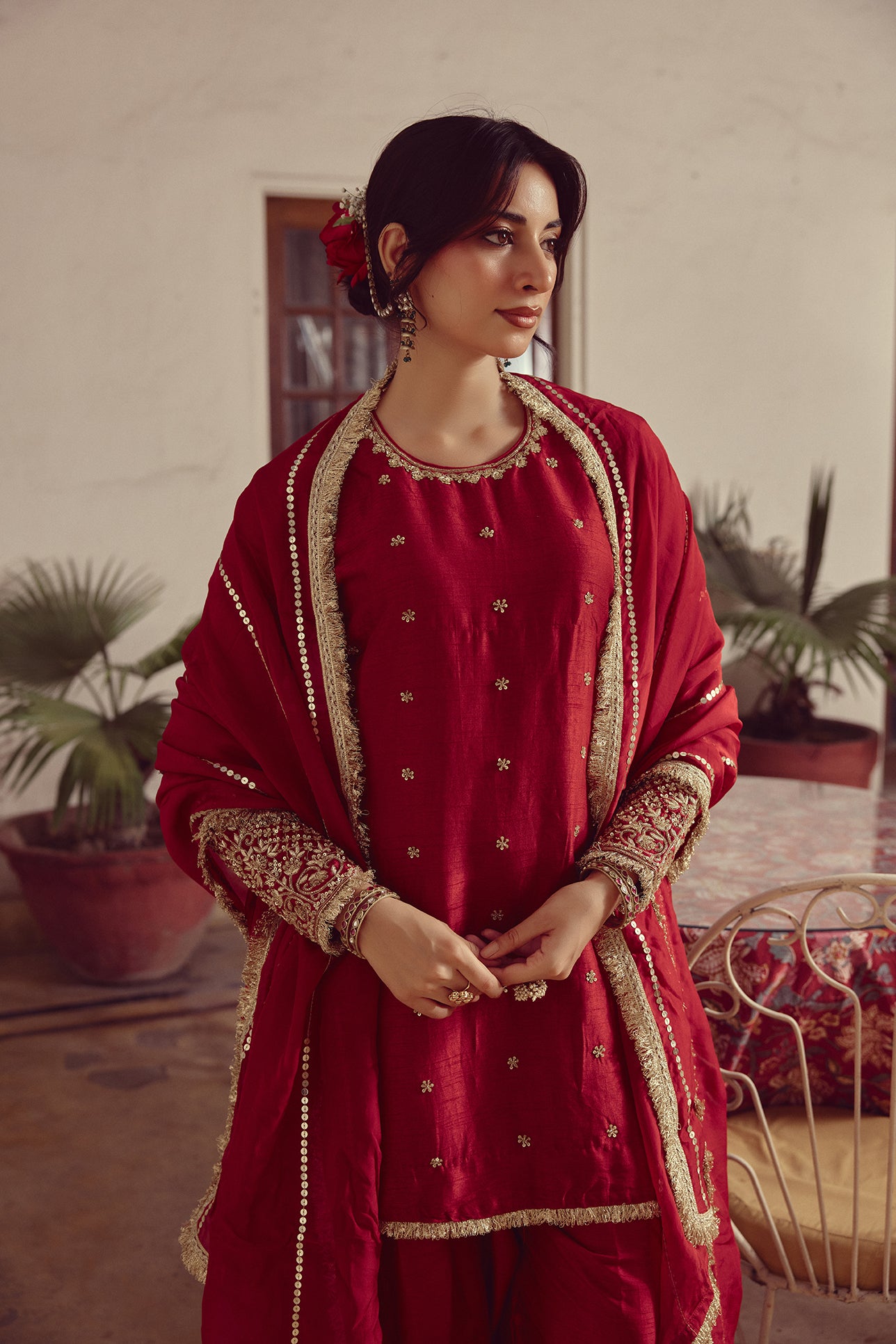 Adya - Red Kurta Farshi Dupatta Set