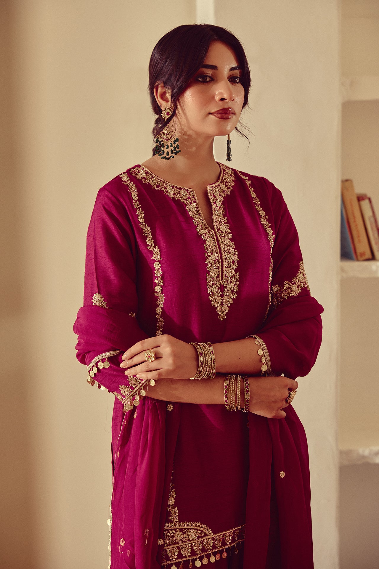 Sajvi - Magenta Kurta Farshi Dupatta Set