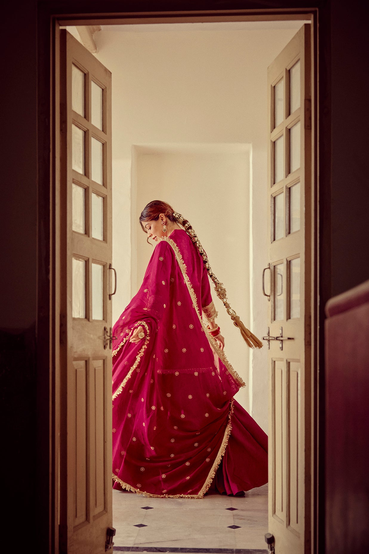 Alinaar - Magenta Zardozi Kurta Lehenga Dupatta Set