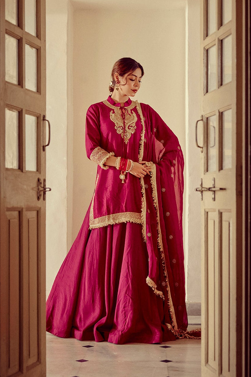 Alinaar - Magenta Zardozi Kurta Lehenga Dupatta Set