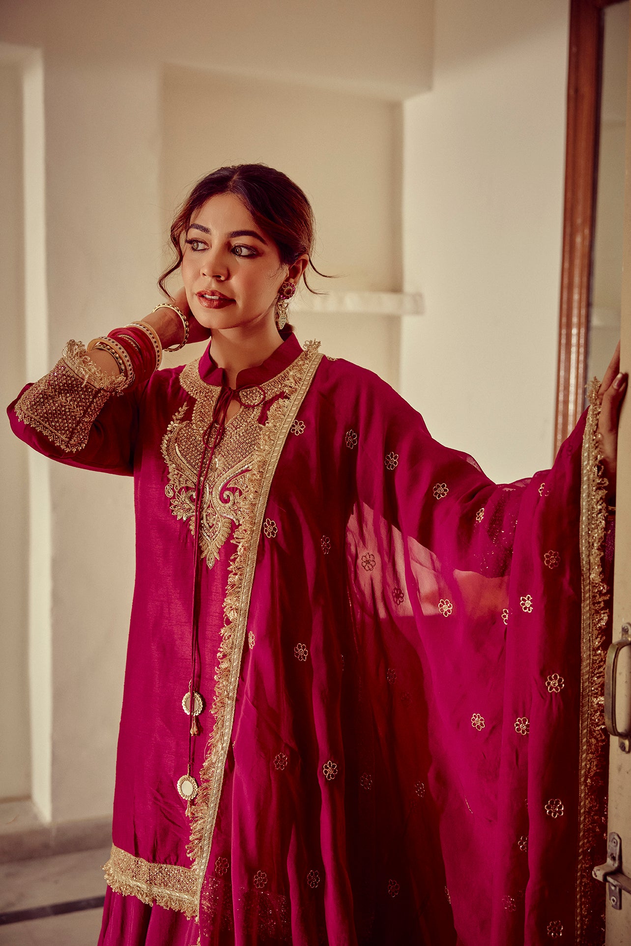 Alinaar - Magenta Zardozi Kurta Lehenga Dupatta Set
