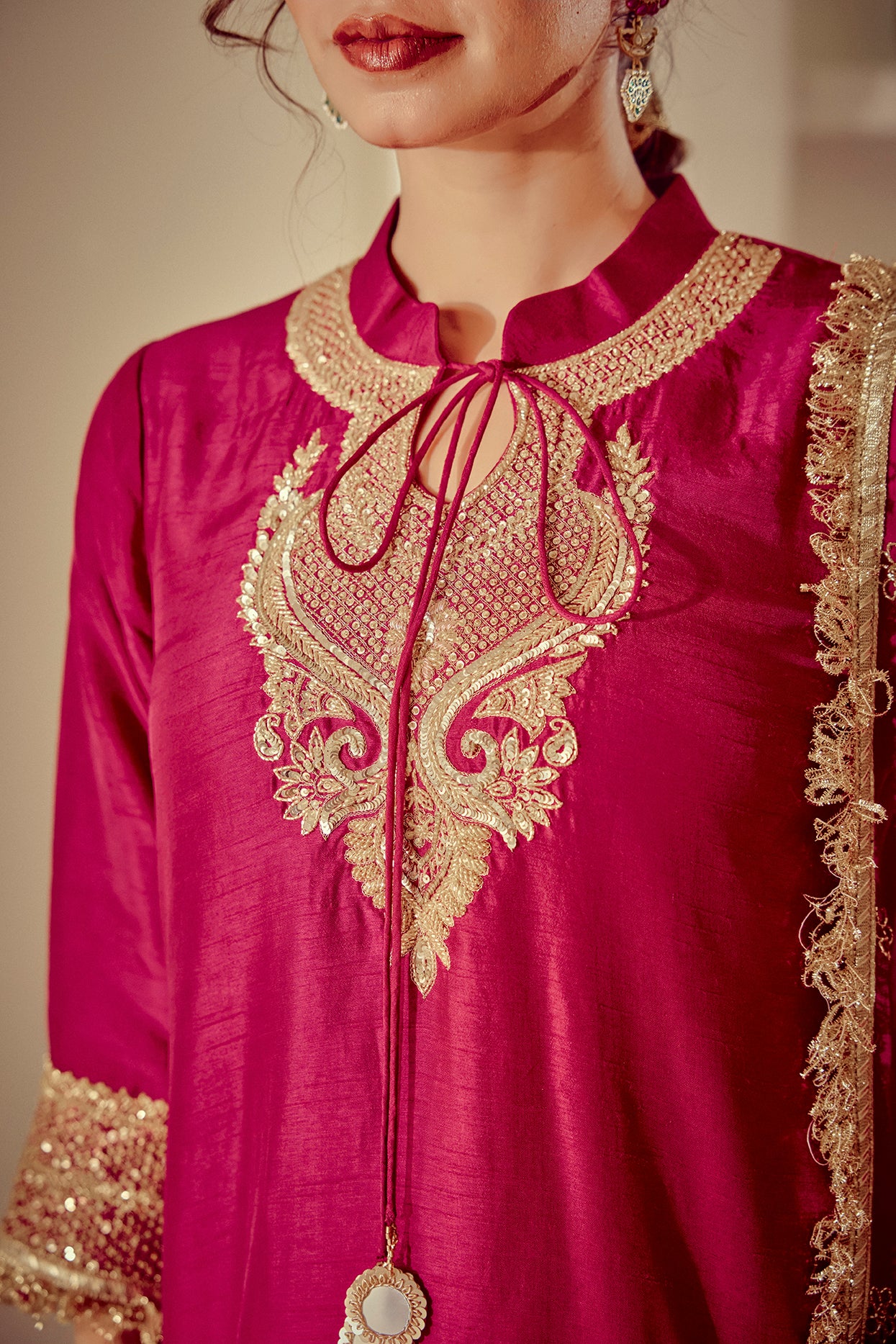Alinaar - Magenta Zardozi Kurta Lehenga Dupatta Set