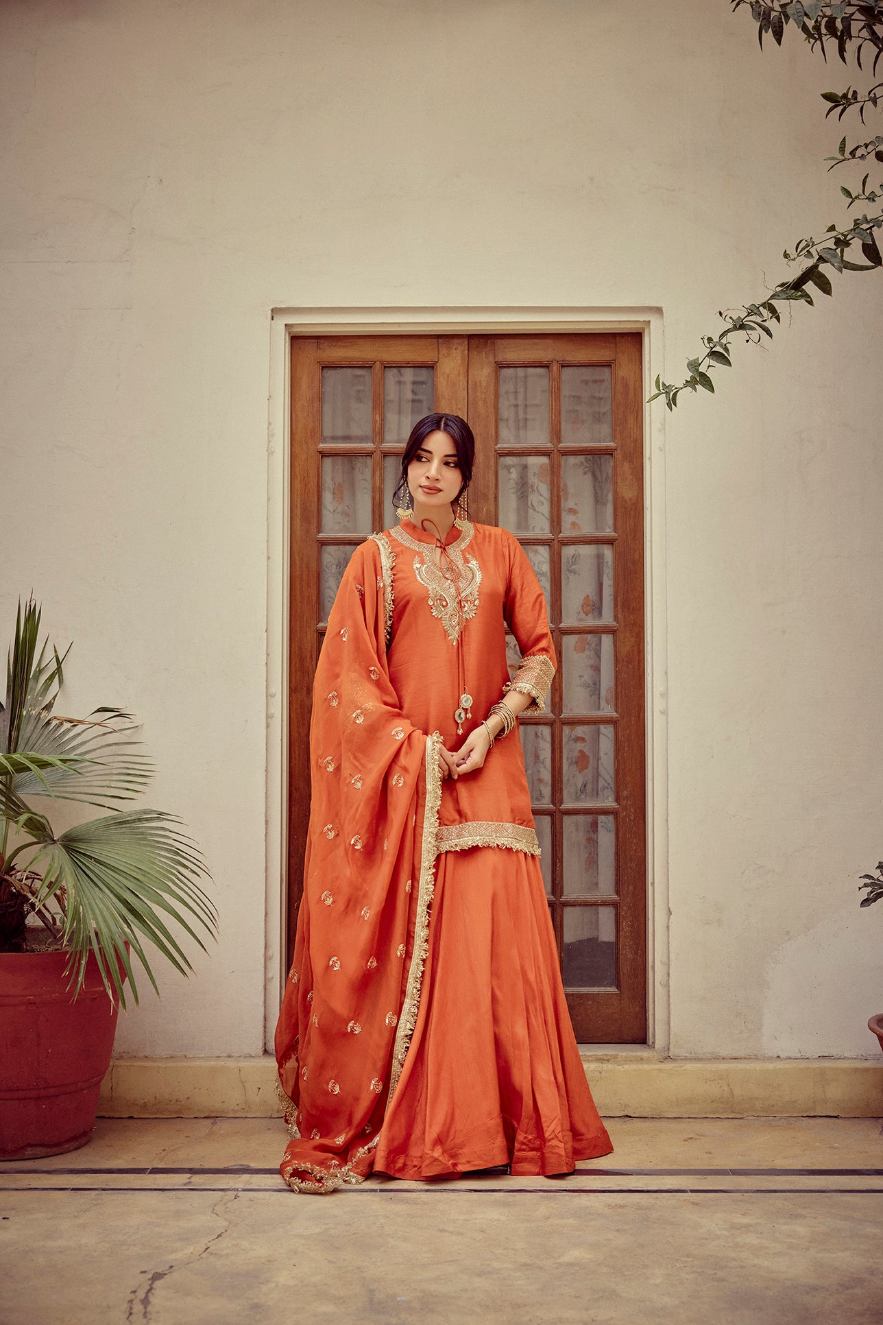 Naureen - Rust Zardozi Kurta Lehenga Dupatta Set