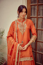 Naureen - Rust Zardozi Kurta Lehenga Dupatta Set