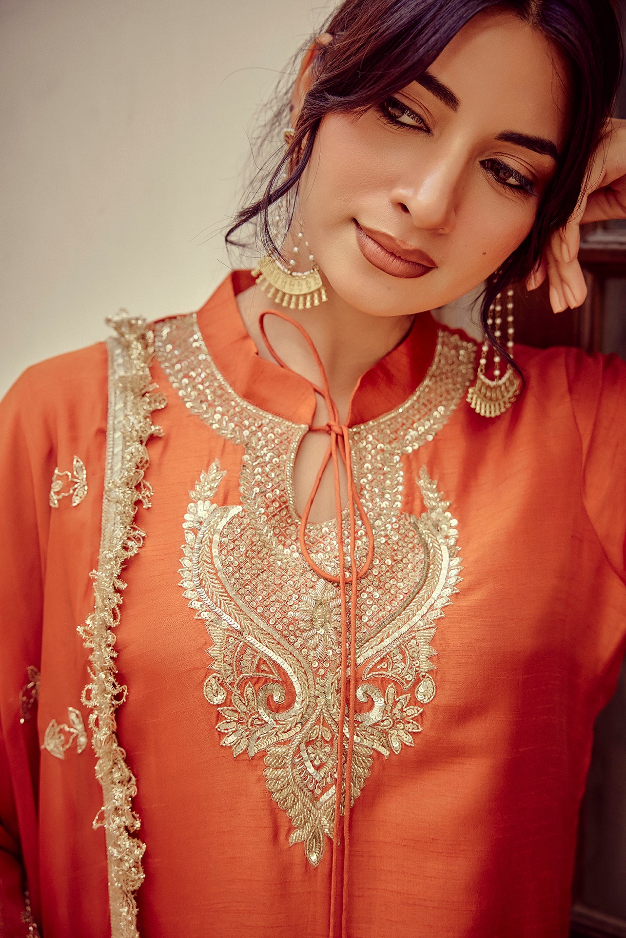 Naureen - Rust Zardozi Kurta Lehenga Dupatta Set