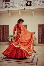 Naureen - Rust Zardozi Kurta Lehenga Dupatta Set