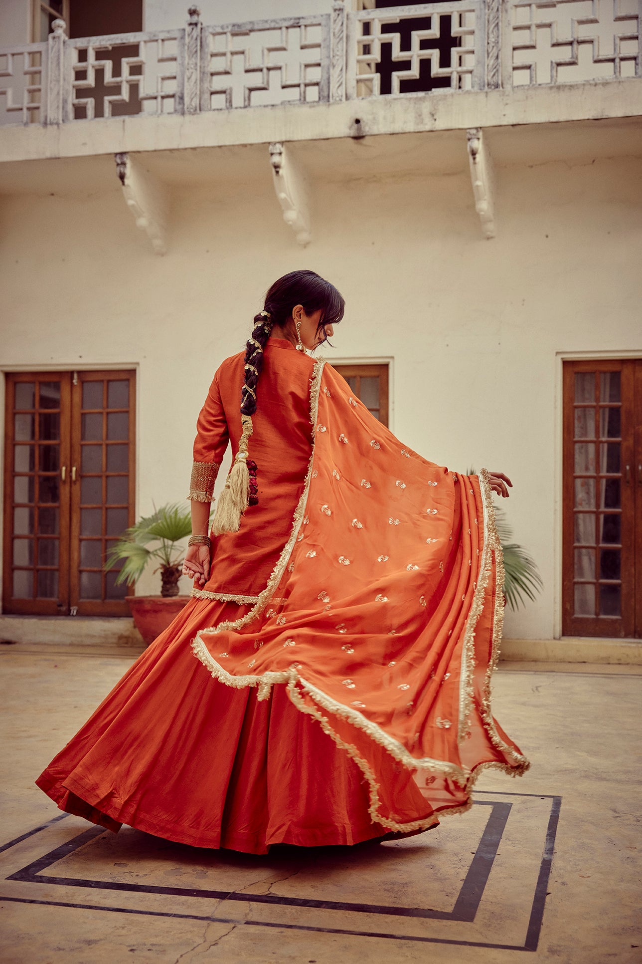 Naureen - Rust Zardozi Kurta Lehenga Dupatta Set