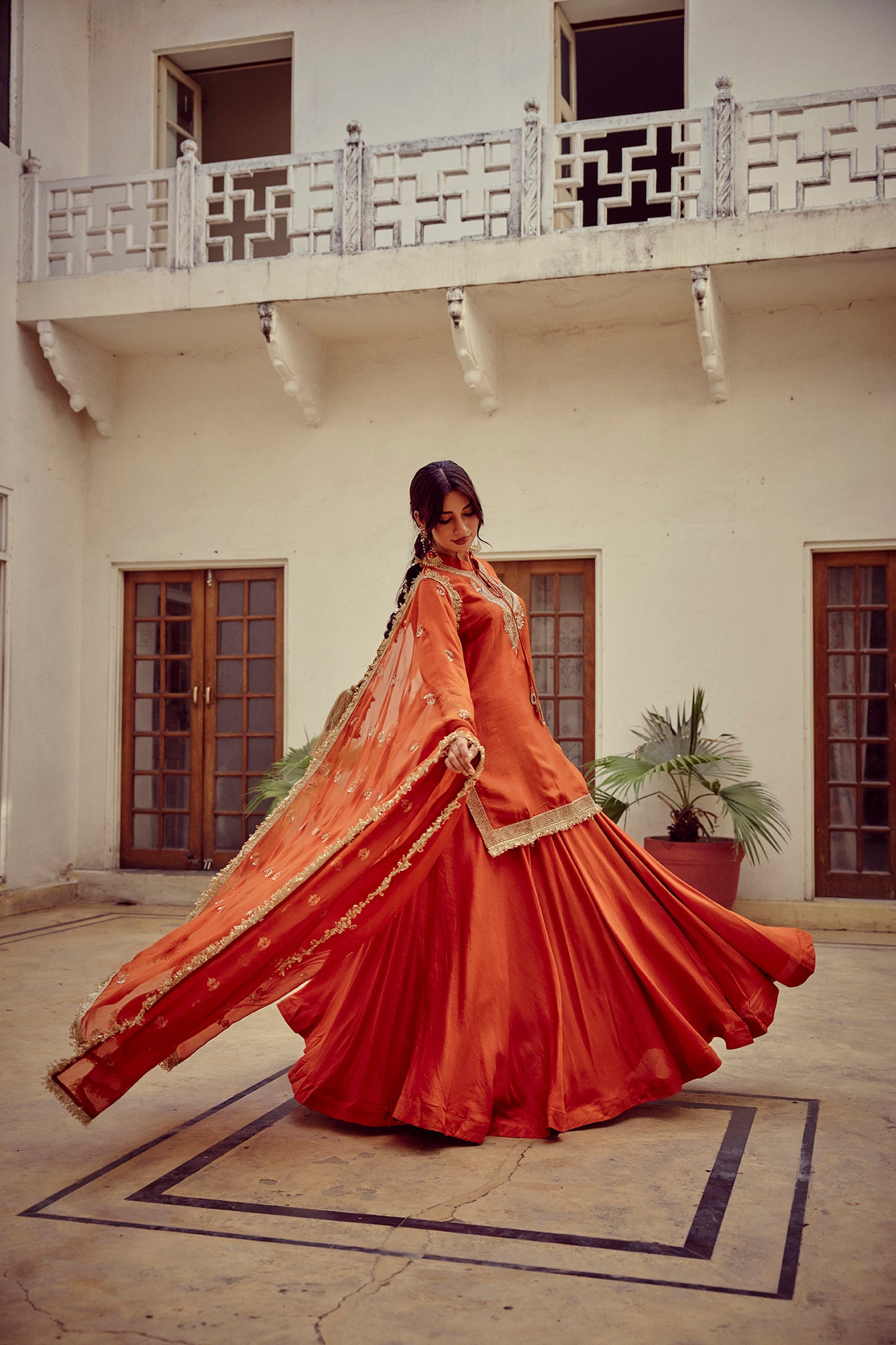 Naureen - Rust Zardozi Kurta Lehenga Dupatta Set