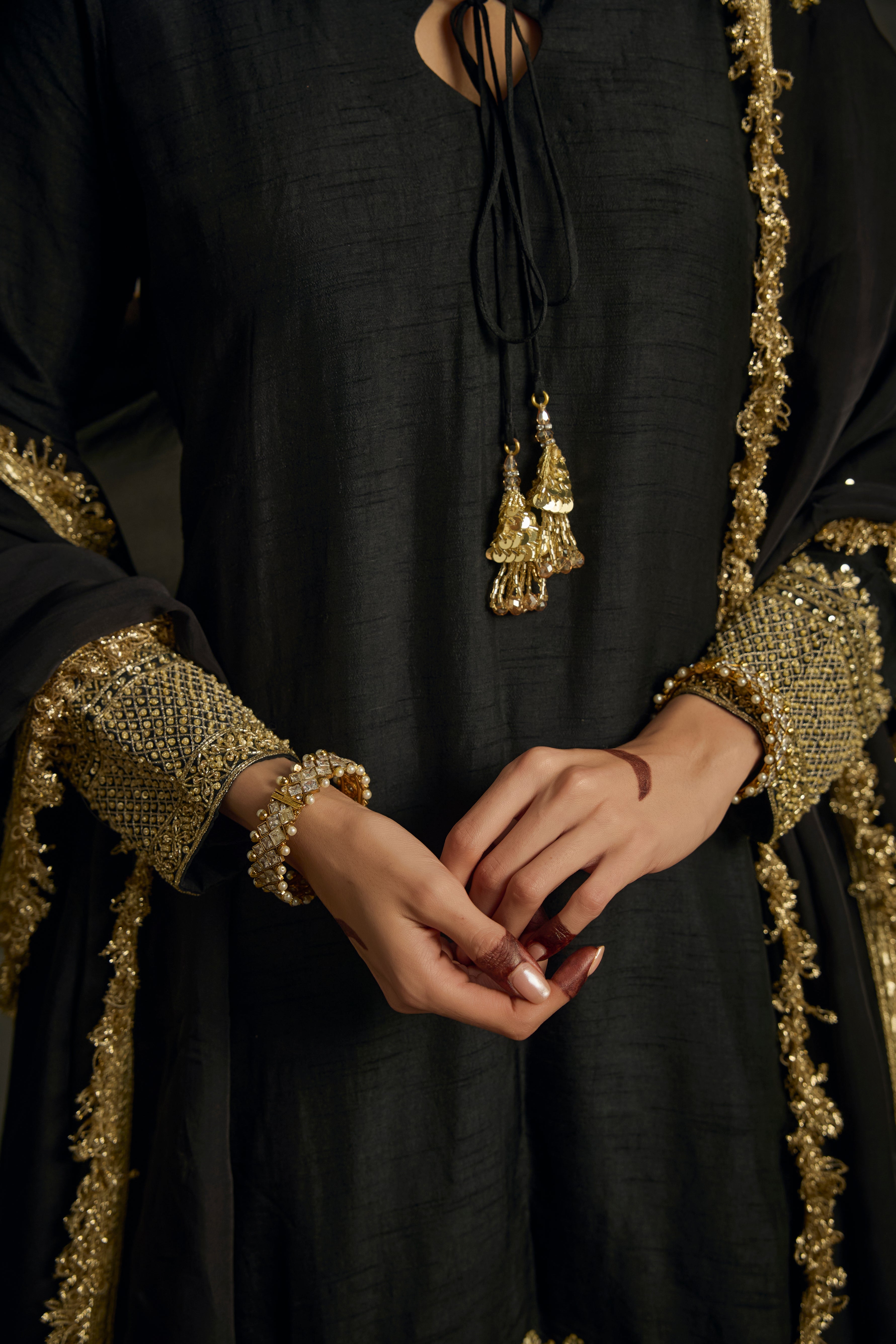 Saanjh - High-Low Black Zardozi Kurta Salwaar Set with Embroidered Dupatta
