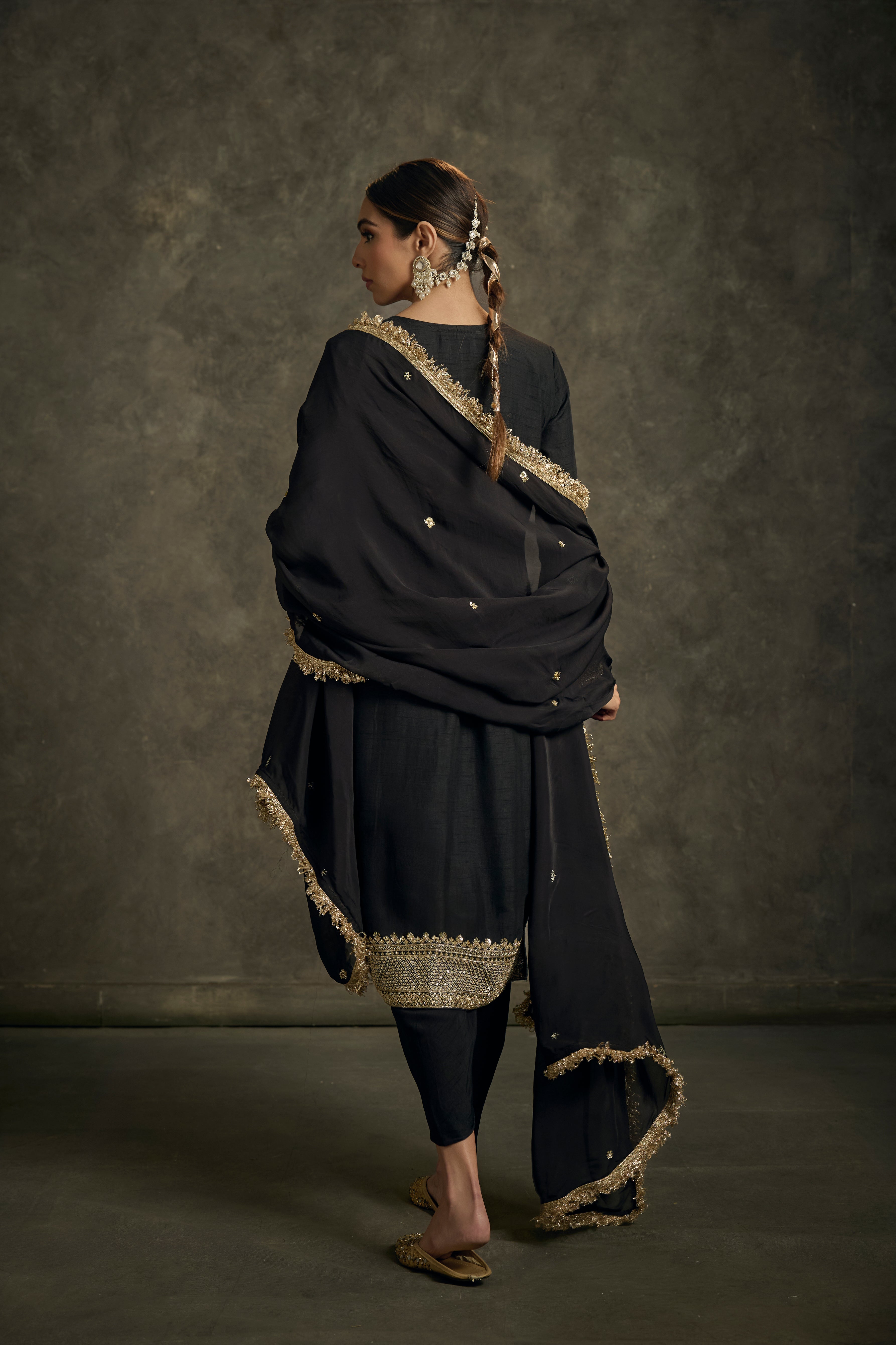 Saanjh - High-Low Black Zardozi Kurta Salwaar Set with Embroidered Dupatta