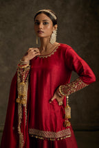 Nooriya - Red Hand Embroidered Kurta- Lehenga -Dupatta Set