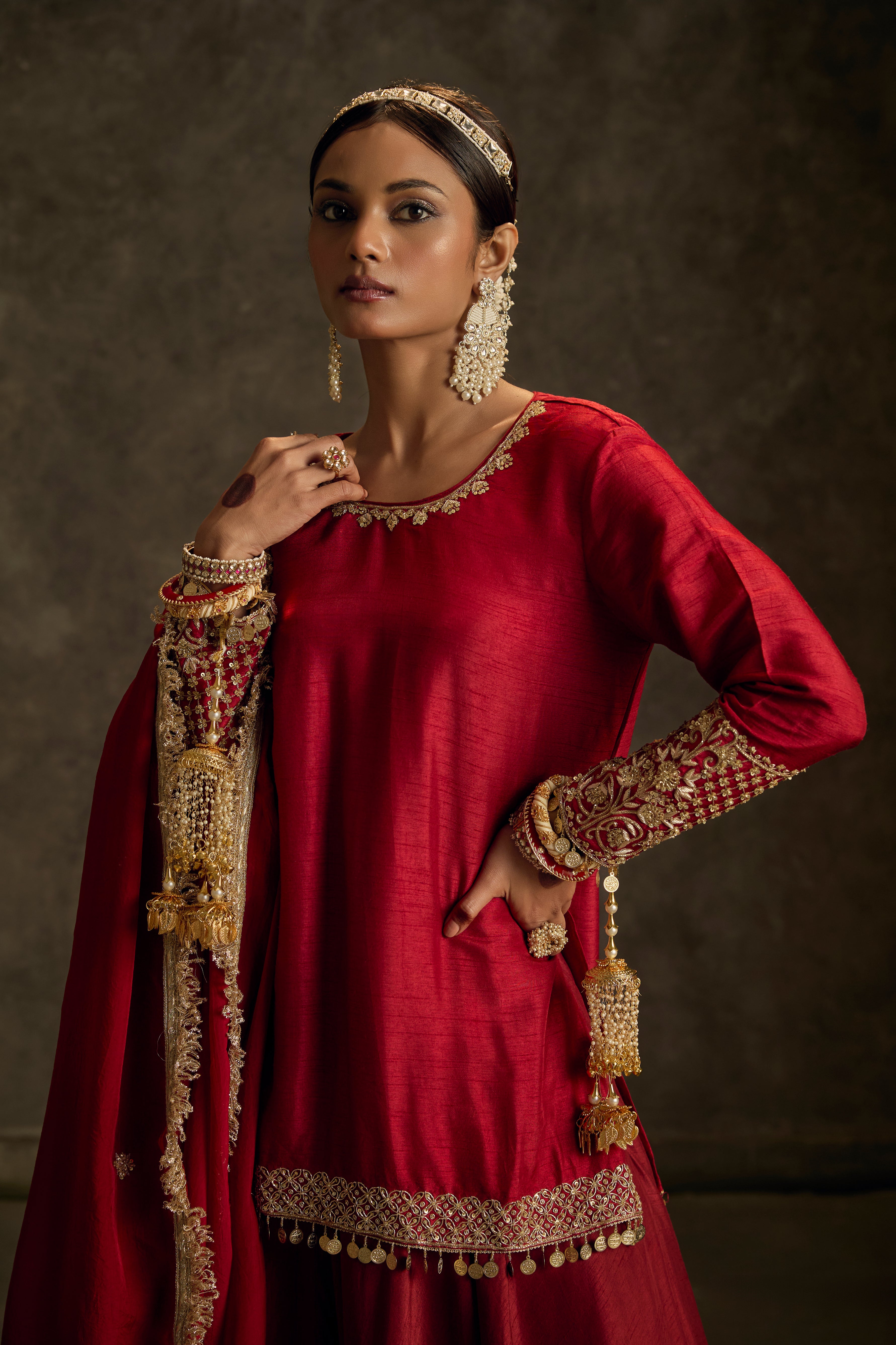 Nooriya - Red Hand Embroidered Kurta- Lehenga -Dupatta Set