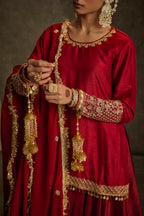 Nooriya - Red Hand Embroidered Kurta- Lehenga -Dupatta Set