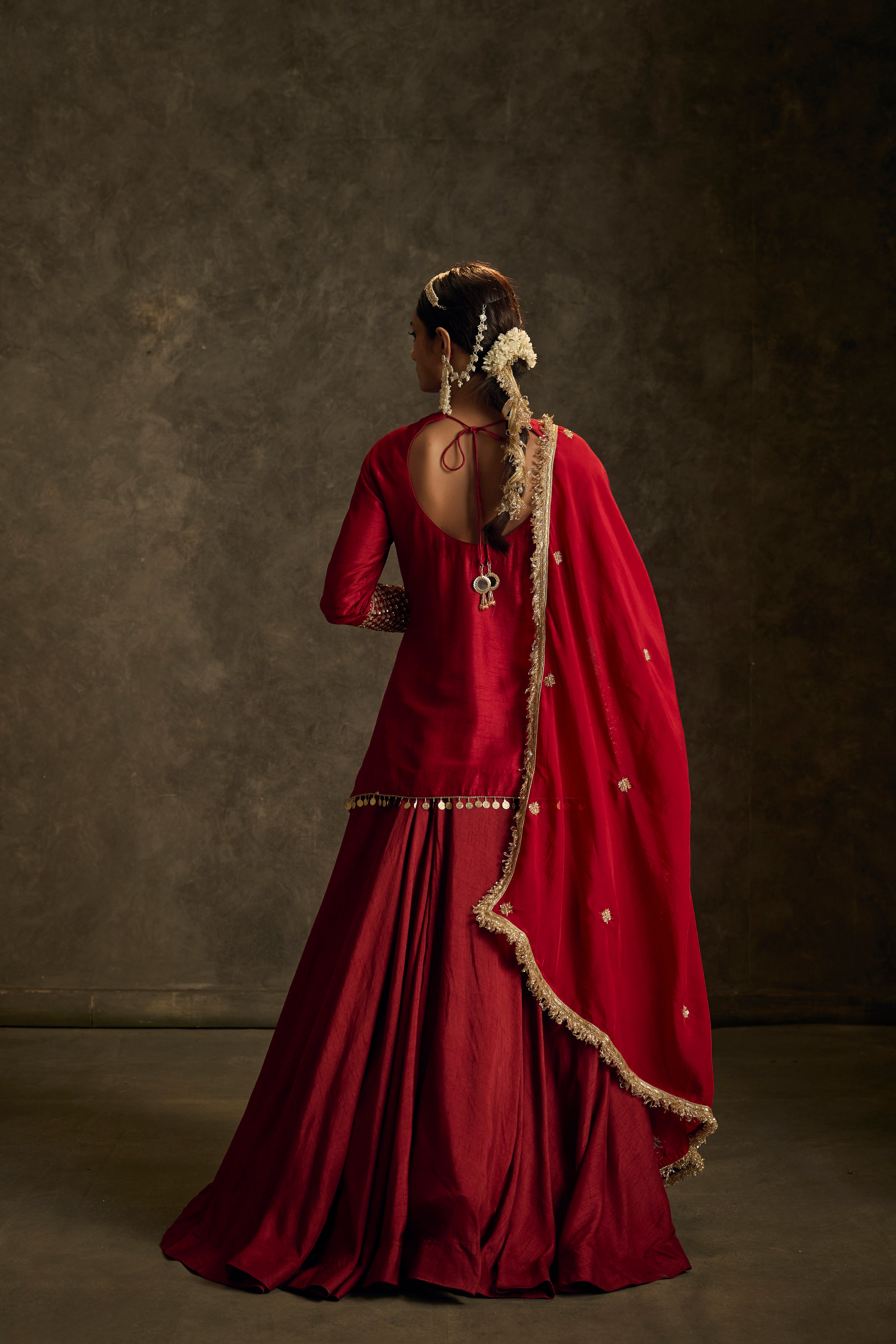 Nooriya - Red Hand Embroidered Kurta- Lehenga -Dupatta Set