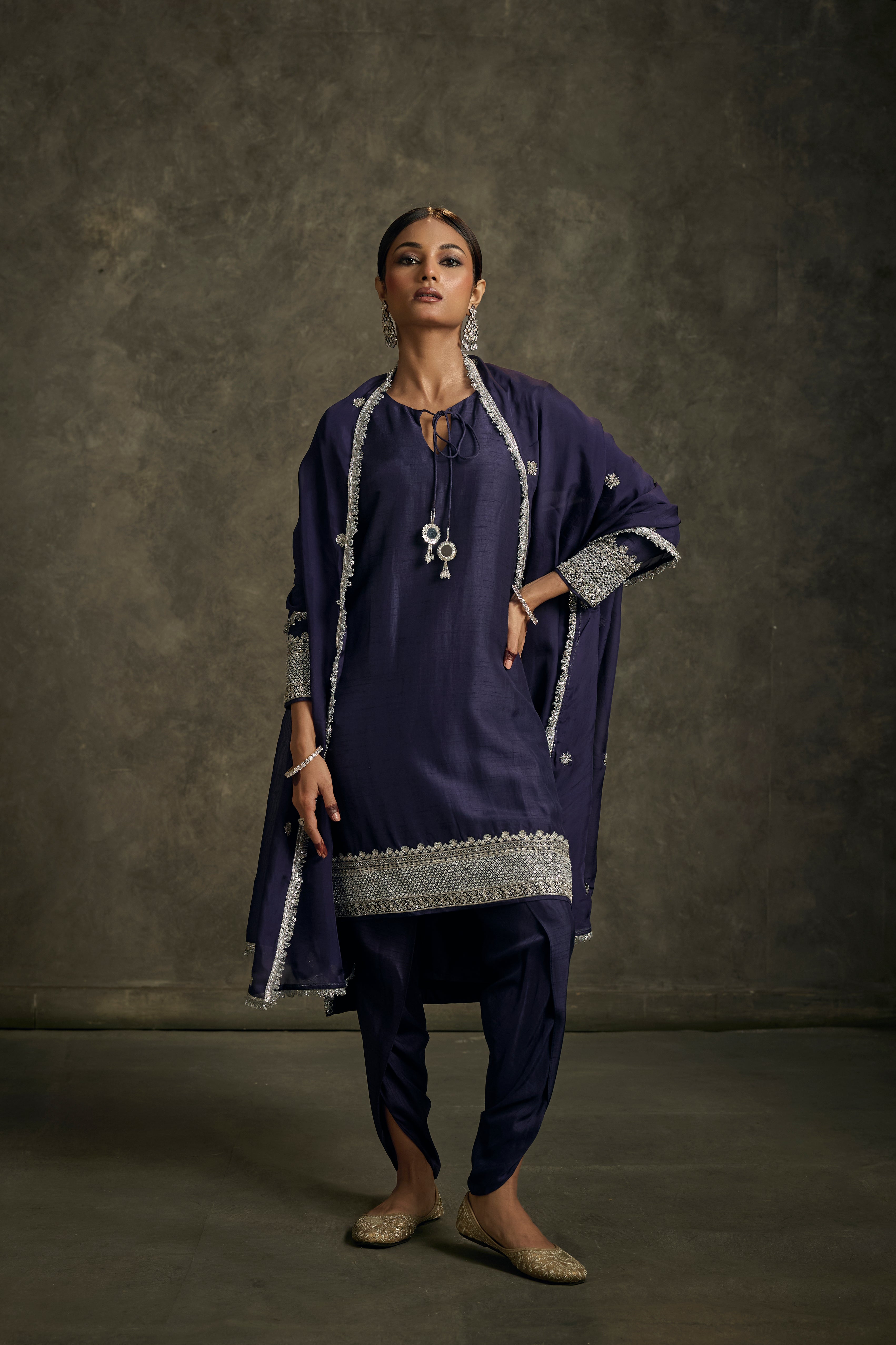Chandani - High-Low Midnight Indigo Zardozi Kurta Salwaar Set with Embroidered Dupatta