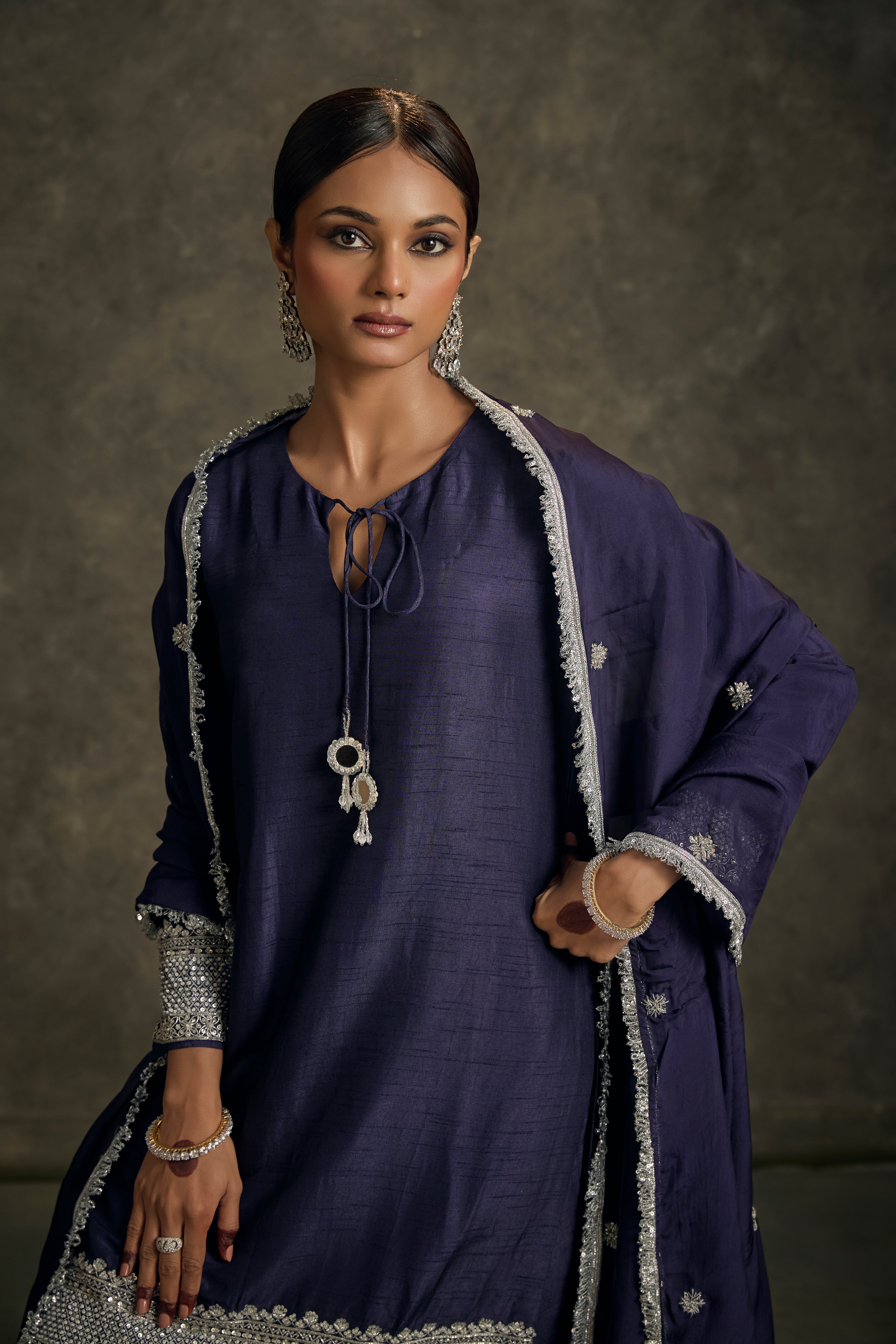 Chandani - High-Low Midnight Indigo Zardozi Kurta Salwaar Set with Embroidered Dupatta