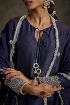 Chandani - High-Low Midnight Indigo Zardozi Kurta Salwaar Set with Embroidered Dupatta