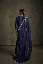 Chandani - High-Low Midnight Indigo Zardozi Kurta Salwaar Set with Embroidered Dupatta