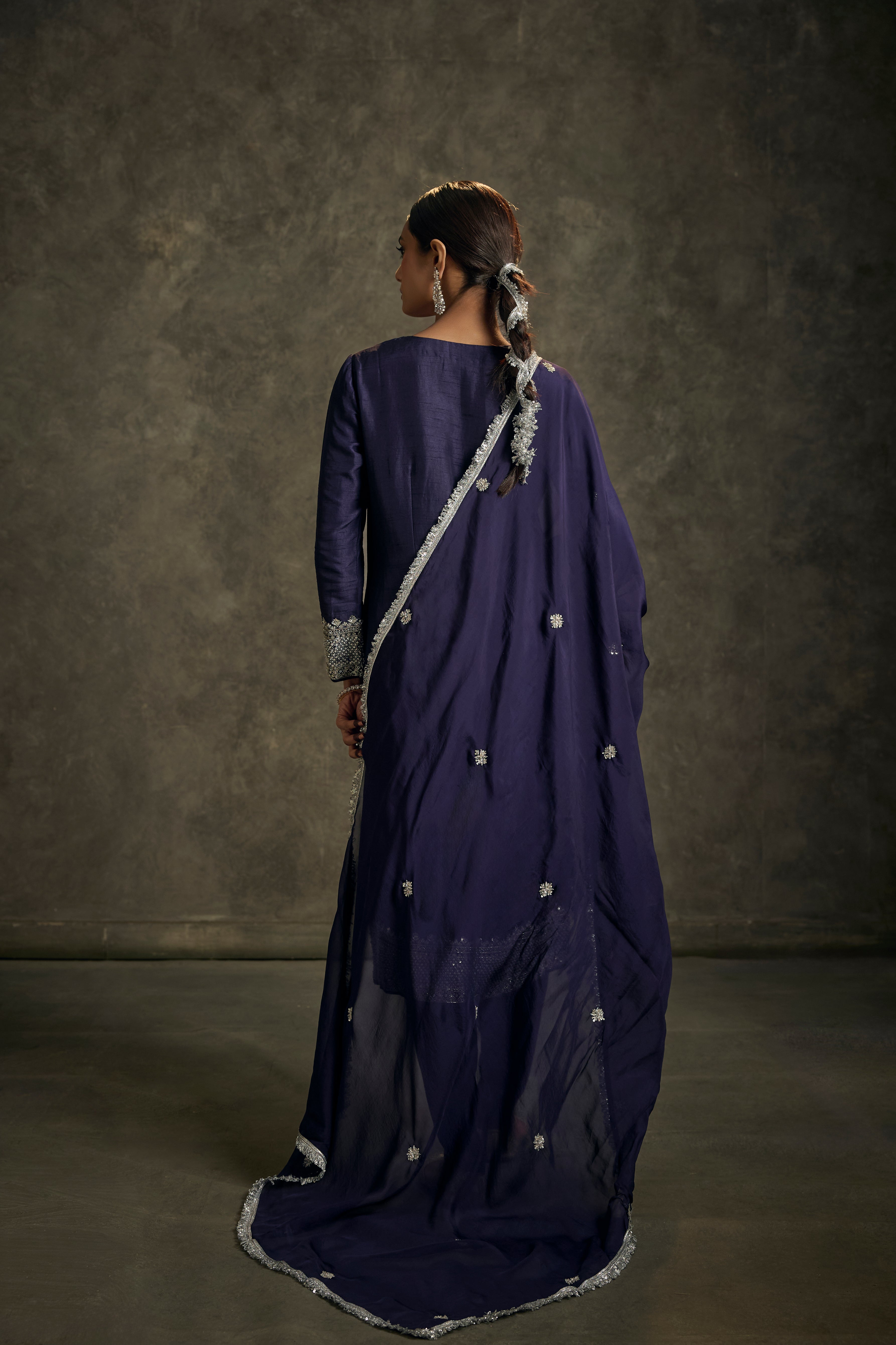 Chandani - High-Low Midnight Indigo Zardozi Kurta Salwaar Set with Embroidered Dupatta
