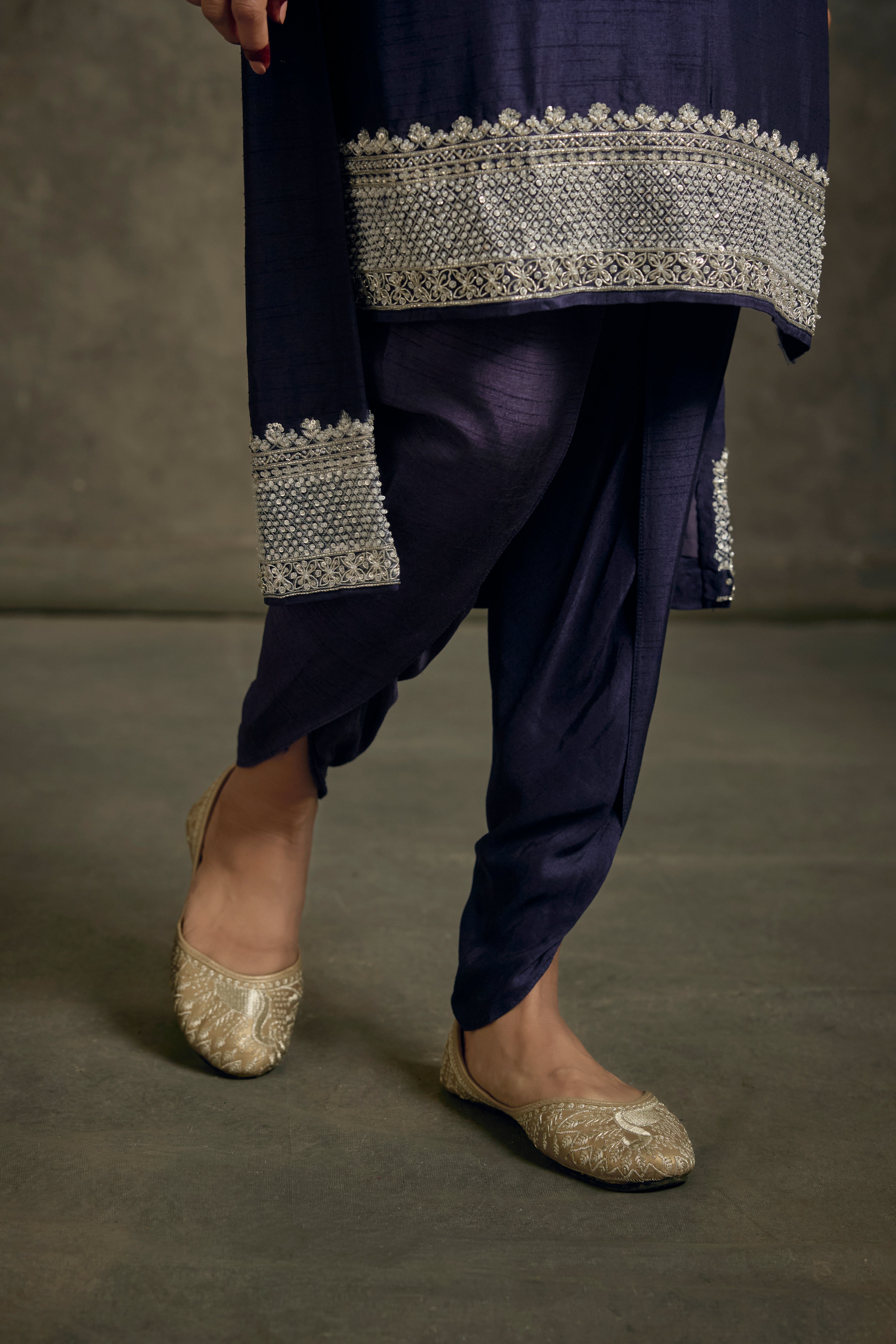 Chandani - High-Low Midnight Indigo Zardozi Kurta Salwaar Set with Embroidered Dupatta