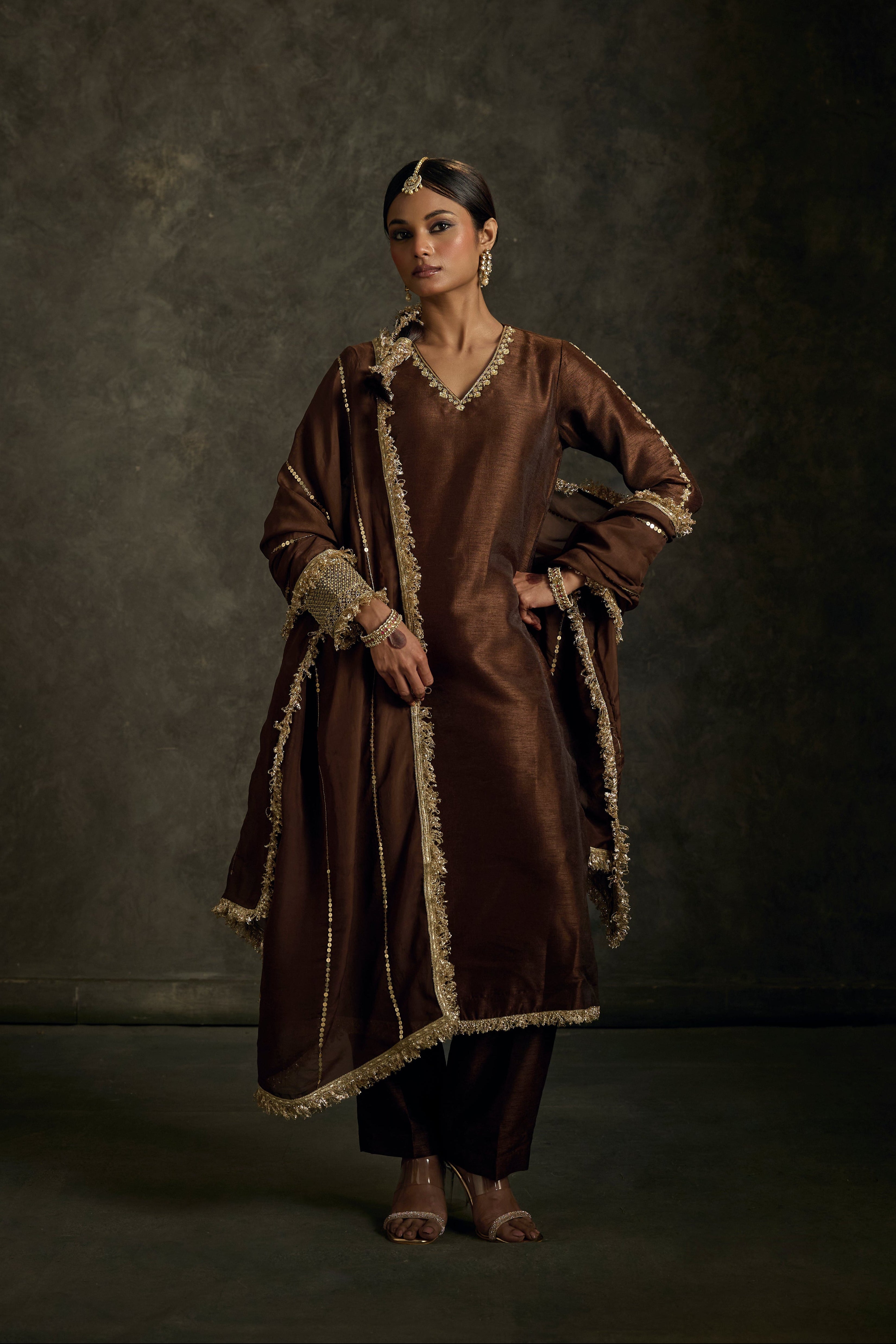 Lehraav - Brown Zardozi Kurta Salwaar Dupatta Set