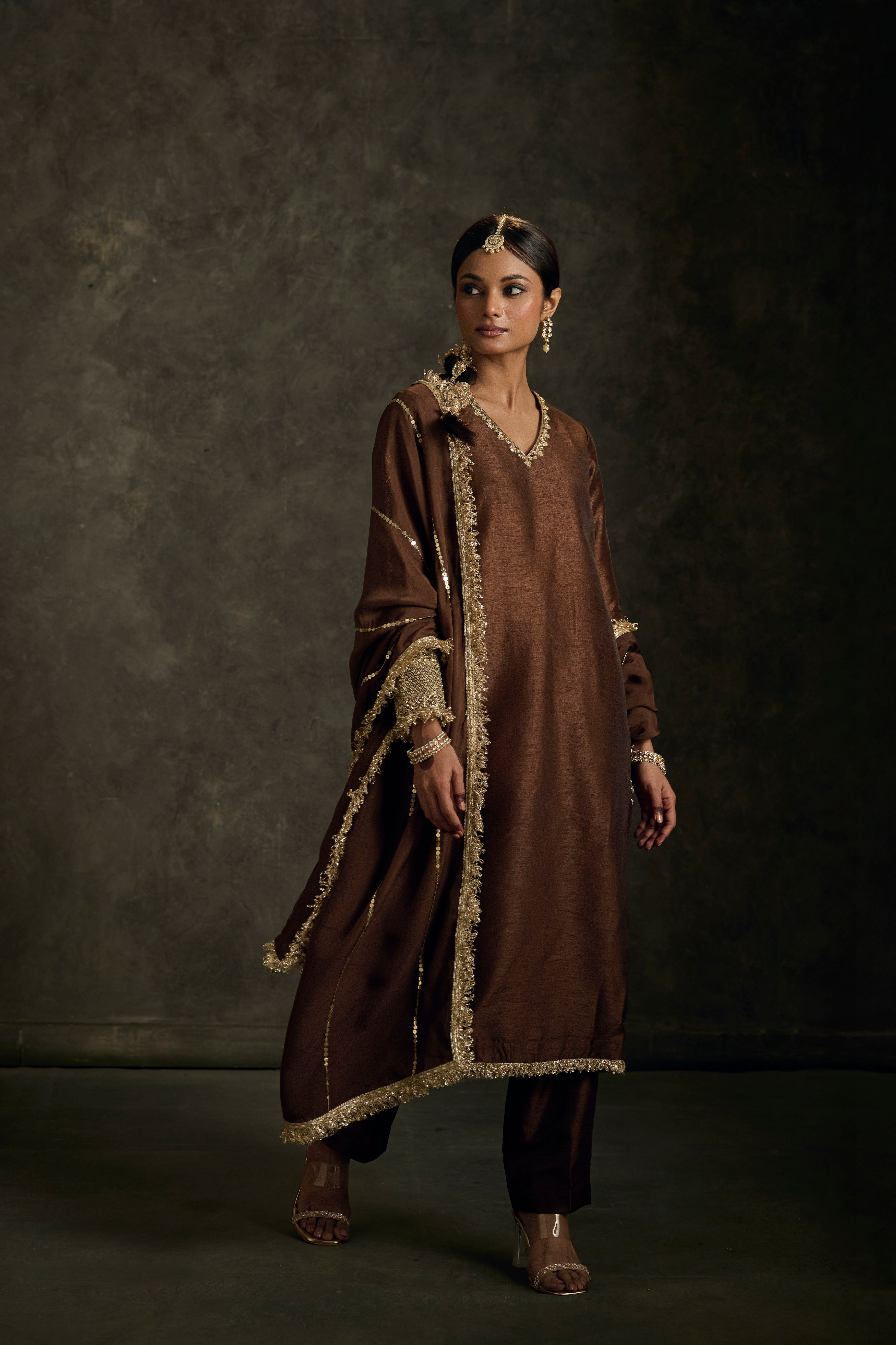 Lehraav - Brown Zardozi Kurta Salwaar Dupatta Set