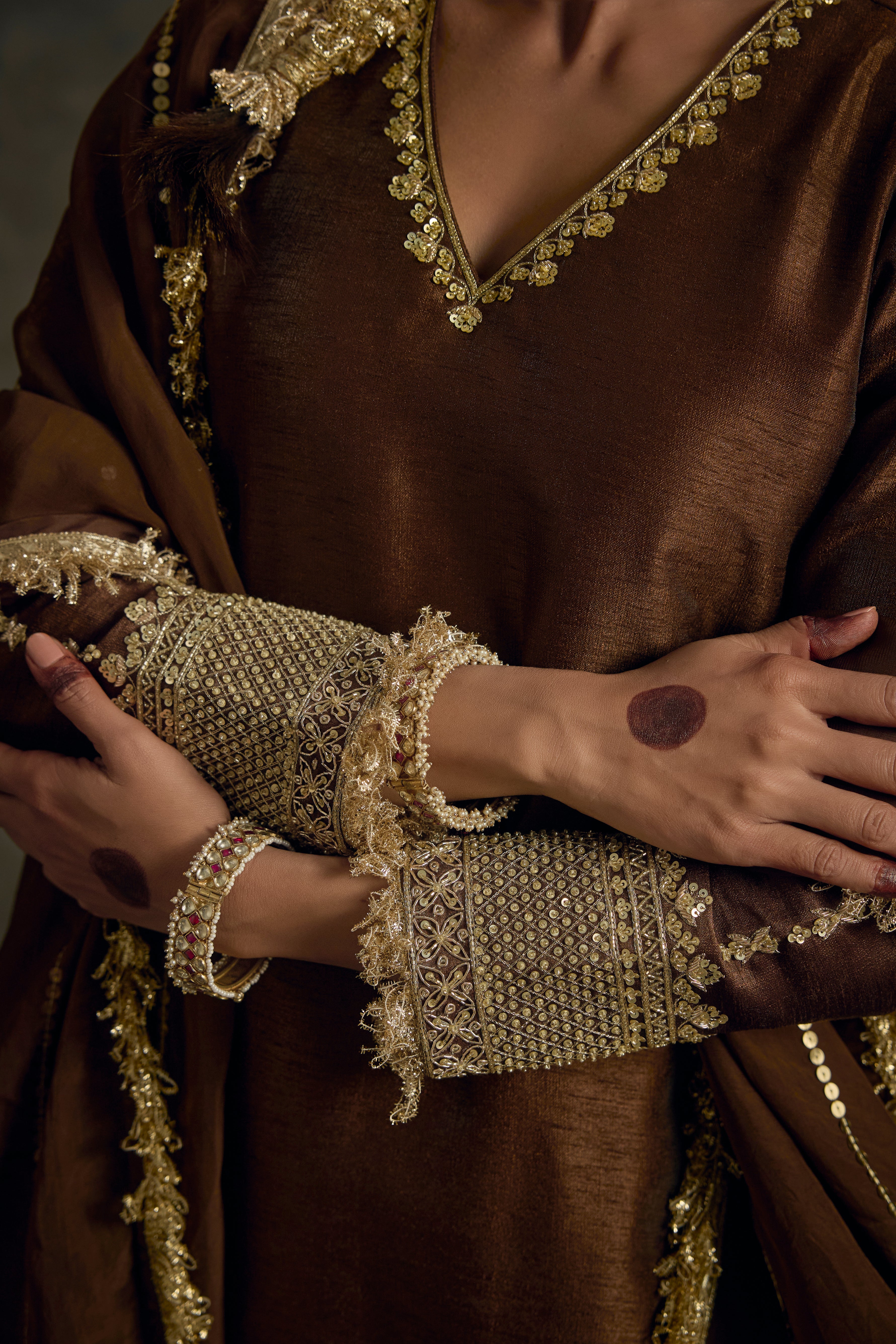 Lehraav - Brown Zardozi Kurta Salwaar Dupatta Set