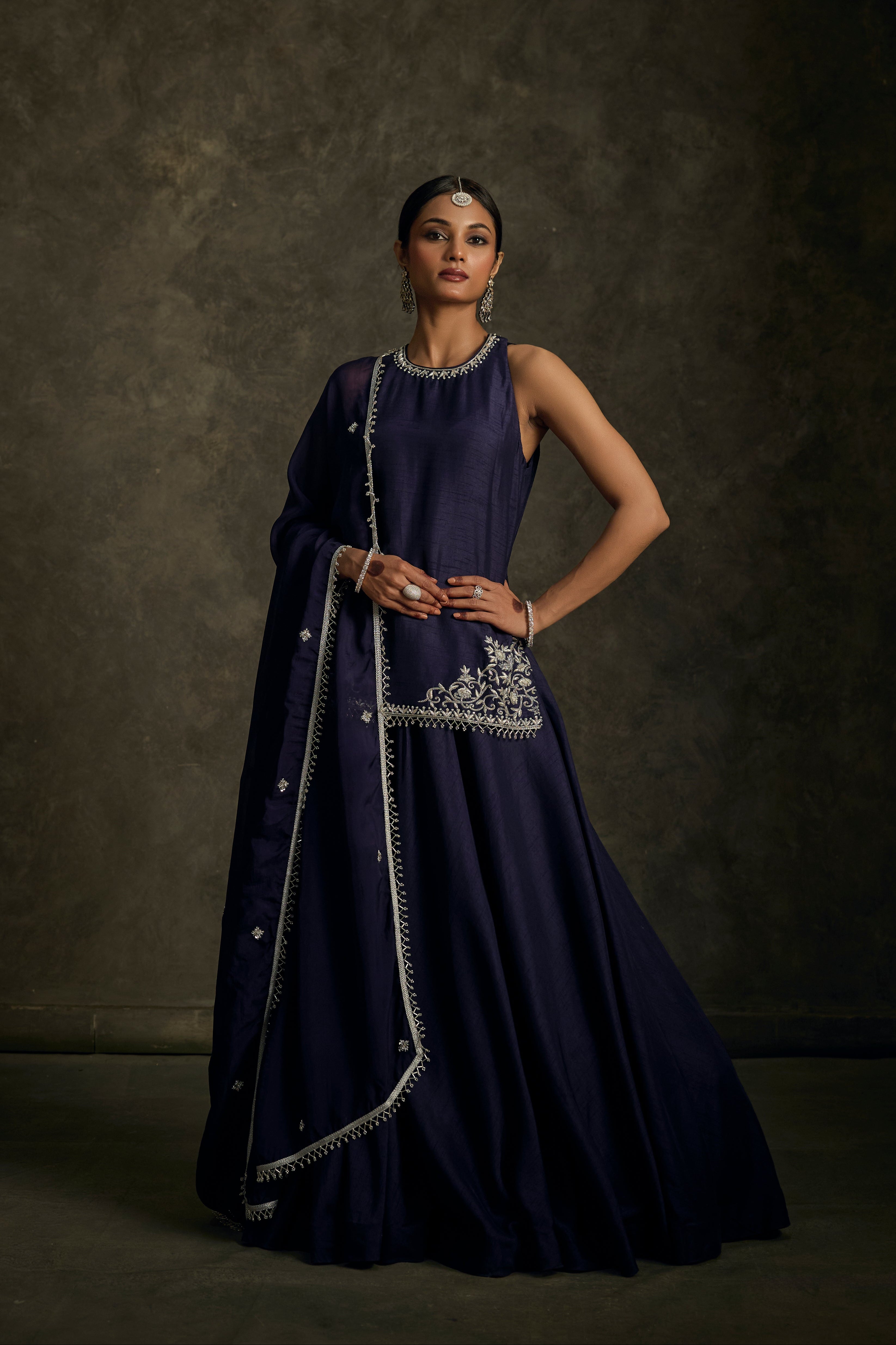 Saaj - Midnight Indigo  Hand Embroidered Kurta-Lehenga-Dupatta Set