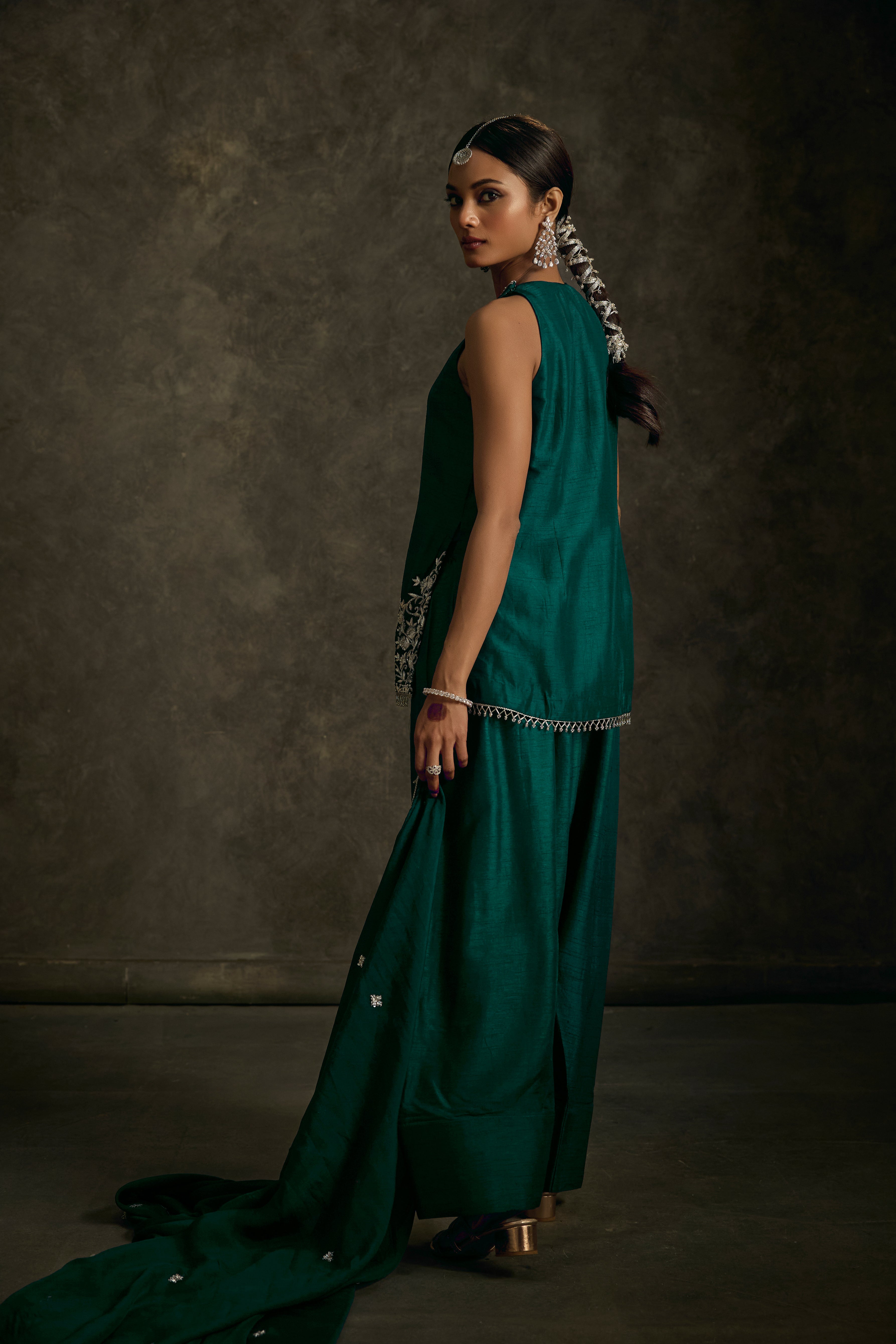 Zariya - Emerald Green Zardozi Kurta Salwaar Set with Embroidered Dupatta