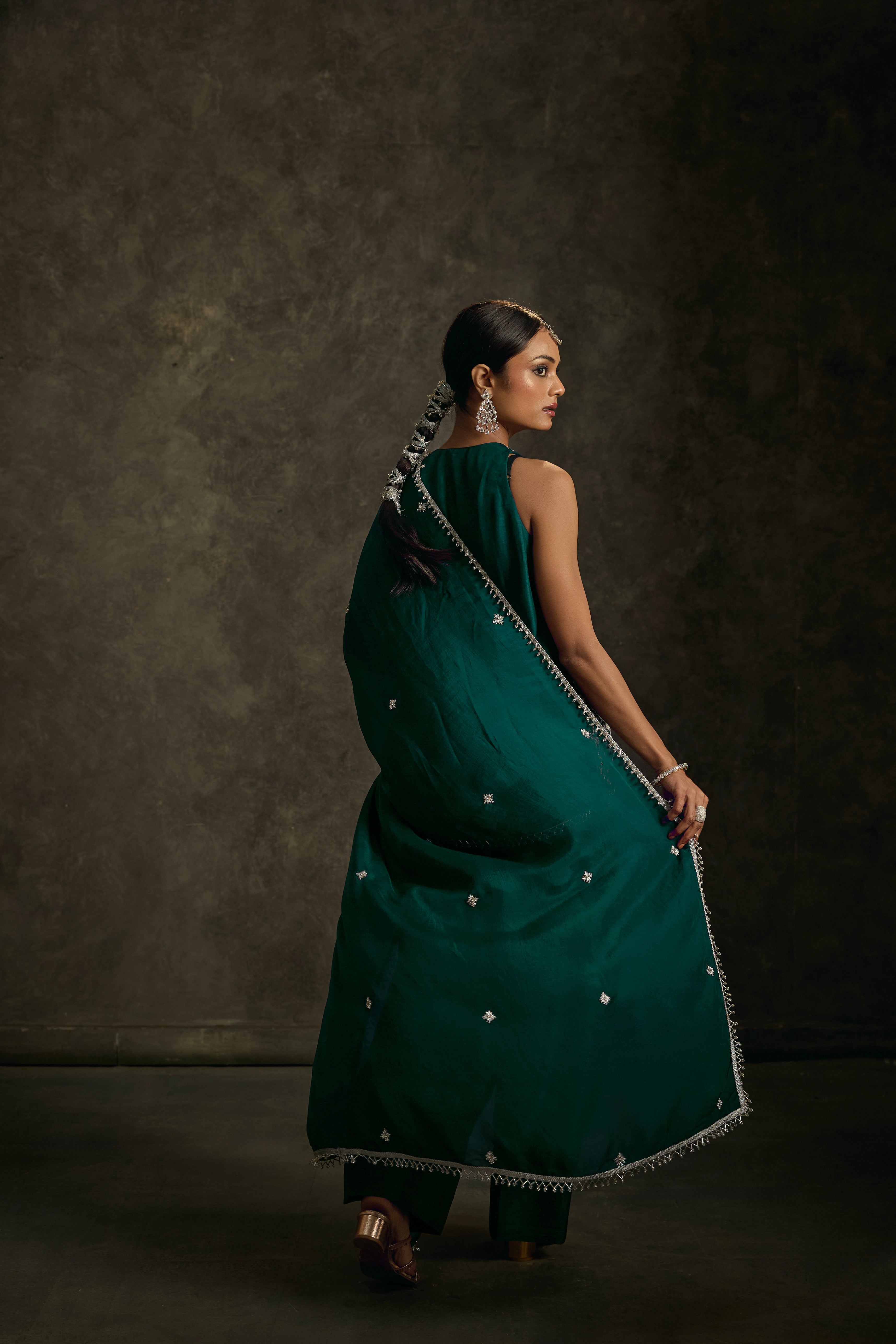 Zariya - Emerald Green Zardozi Kurta Salwaar Set with Embroidered Dupatta