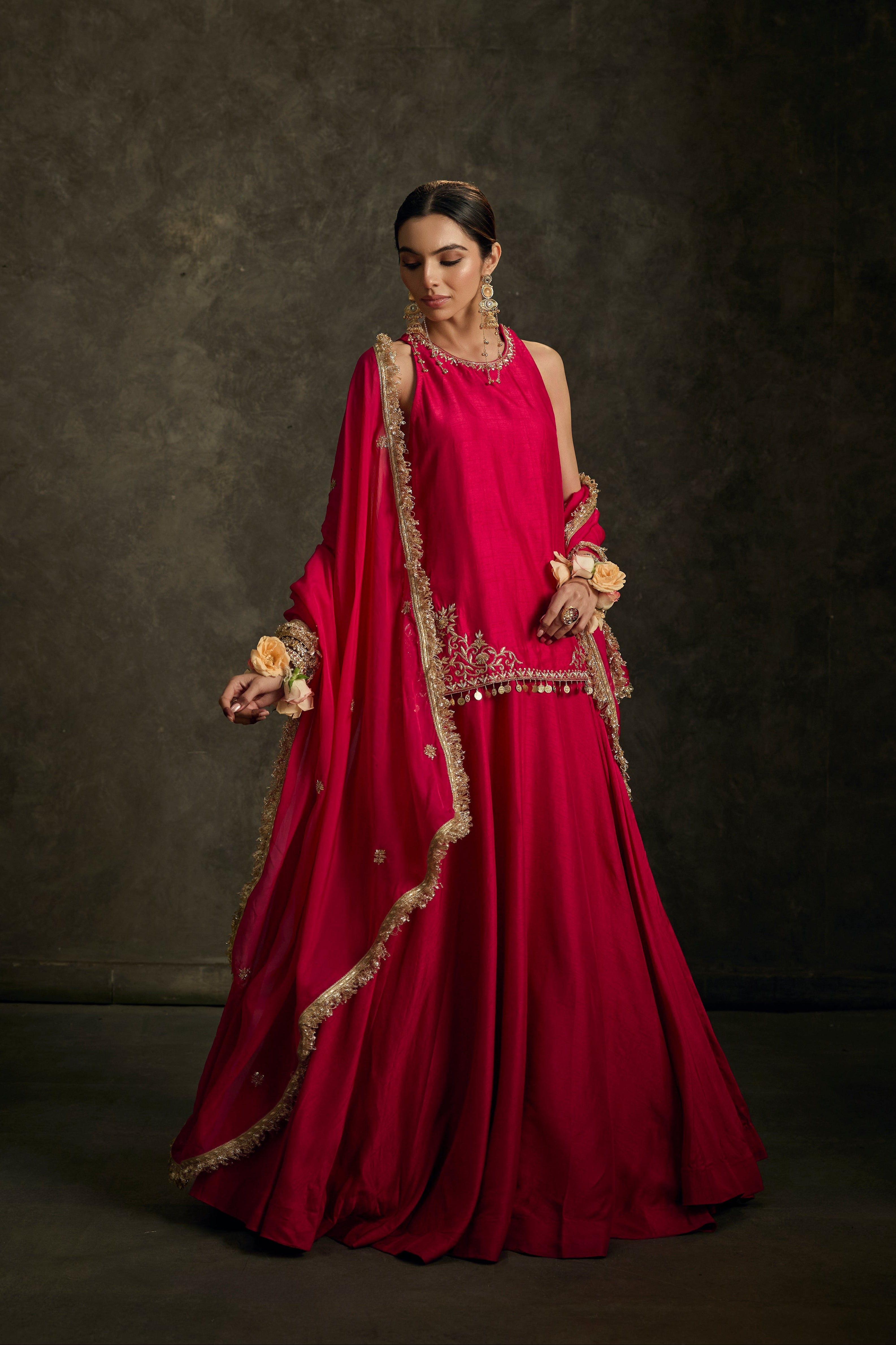 Rounika - Hot Pink Hand Embroidered Kurta-Lehenga -Dupatta Set