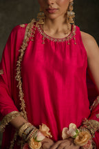 Rounika - Hot Pink Hand Embroidered Kurta-Lehenga -Dupatta Set