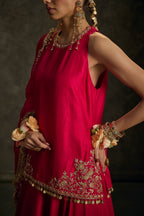 Rounika - Hot Pink Hand Embroidered Kurta-Lehenga -Dupatta Set