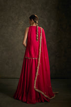 Rounika - Hot Pink Hand Embroidered Kurta-Lehenga -Dupatta Set