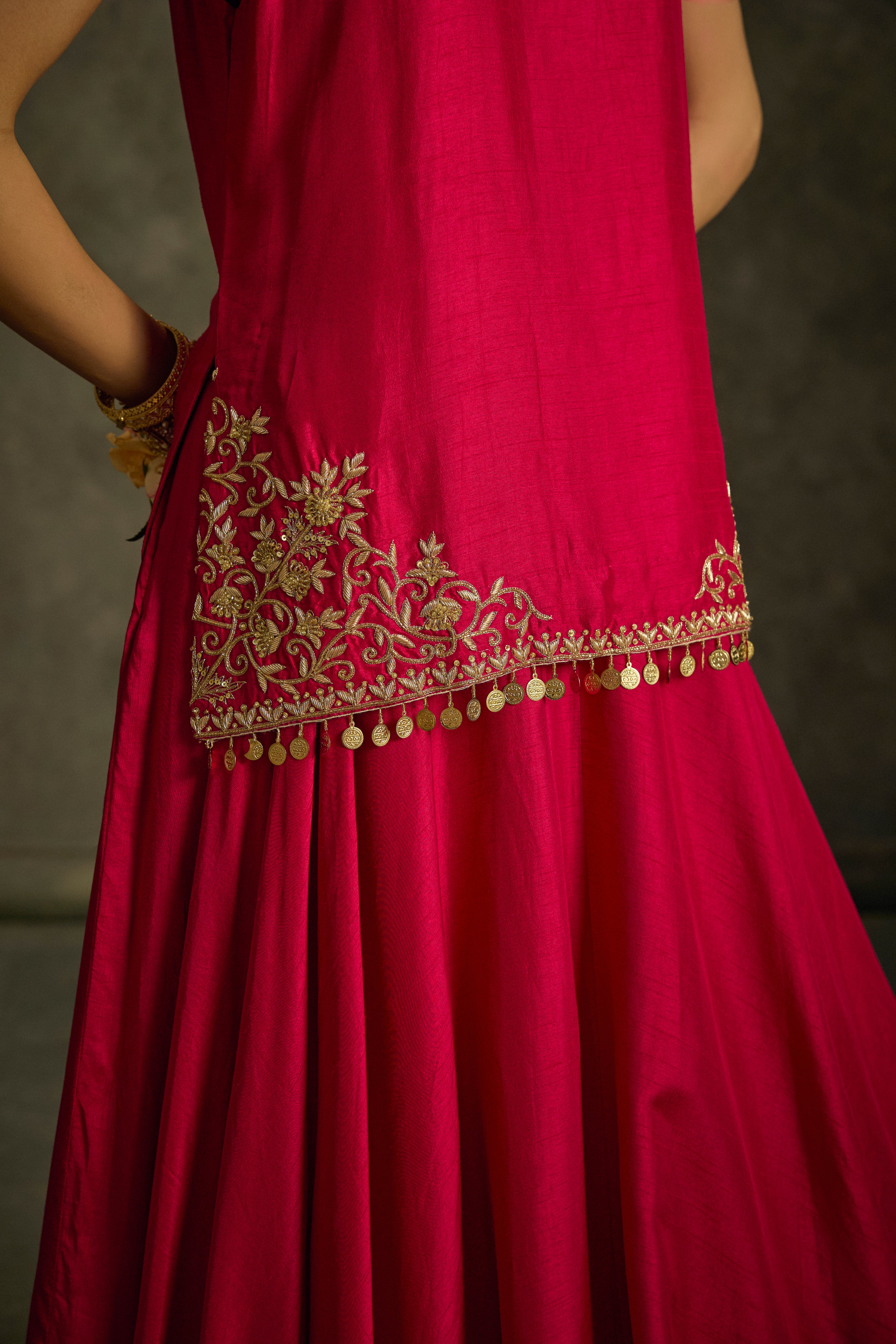 Rounika - Hot Pink Hand Embroidered Kurta-Lehenga -Dupatta Set