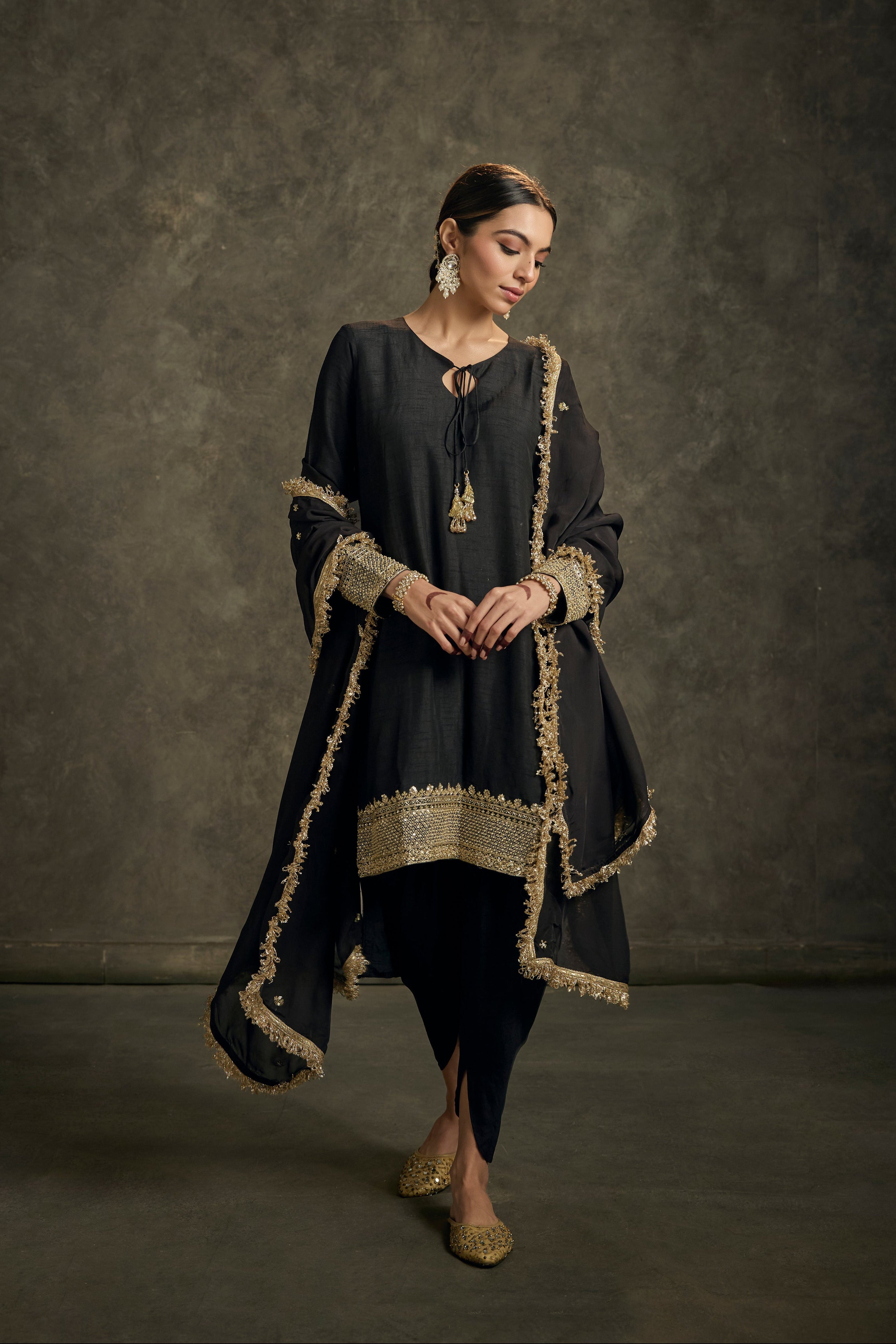 Saanjh - High-Low Black Zardozi Kurta Salwaar Set with Embroidered Dupatta