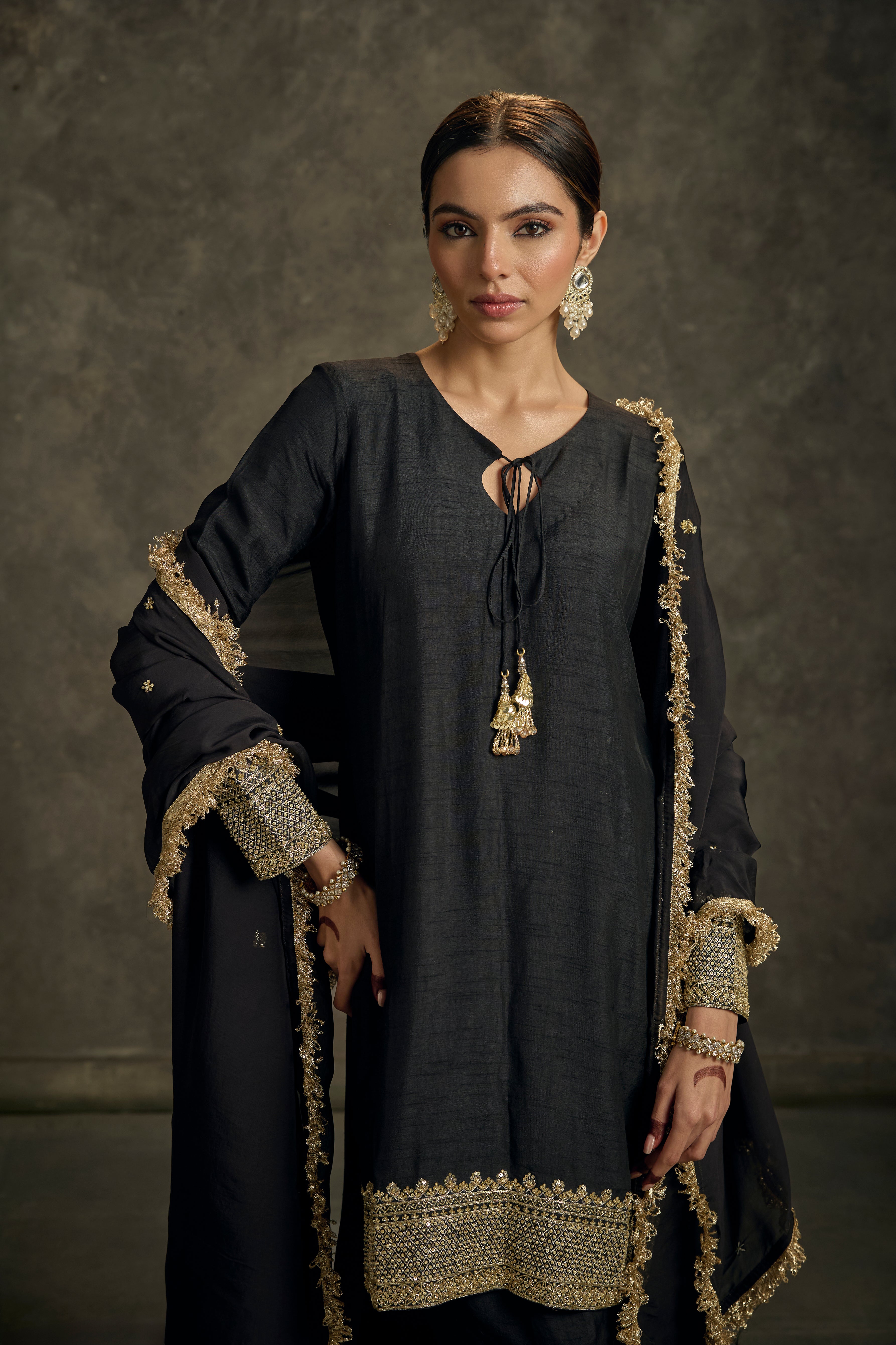 Saanjh - High-Low Black Zardozi Kurta Salwaar Set with Embroidered Dupatta