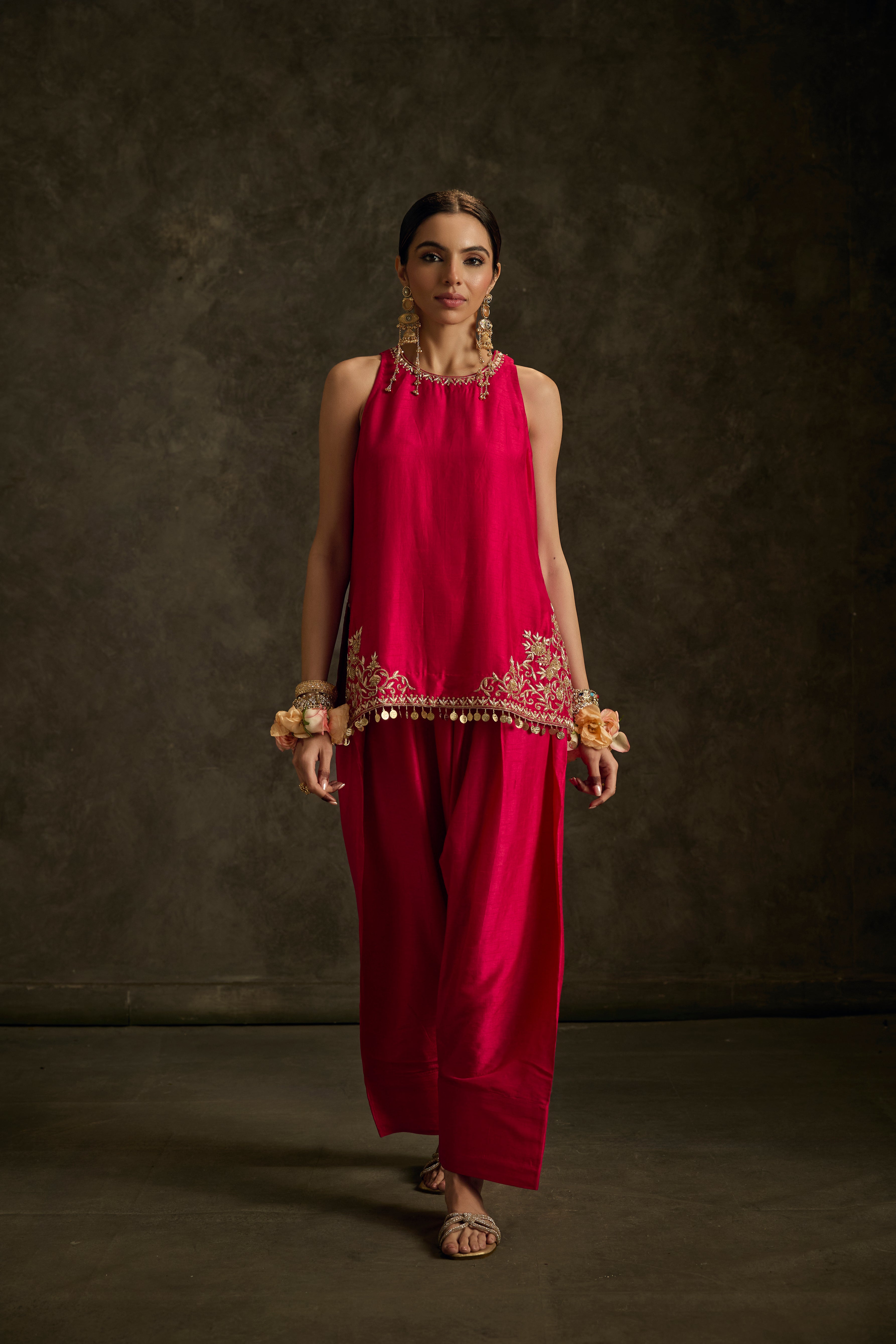 Rooh - Hot Pink Zardozi Kurta Salwaar Set with Embroidered Dupatta