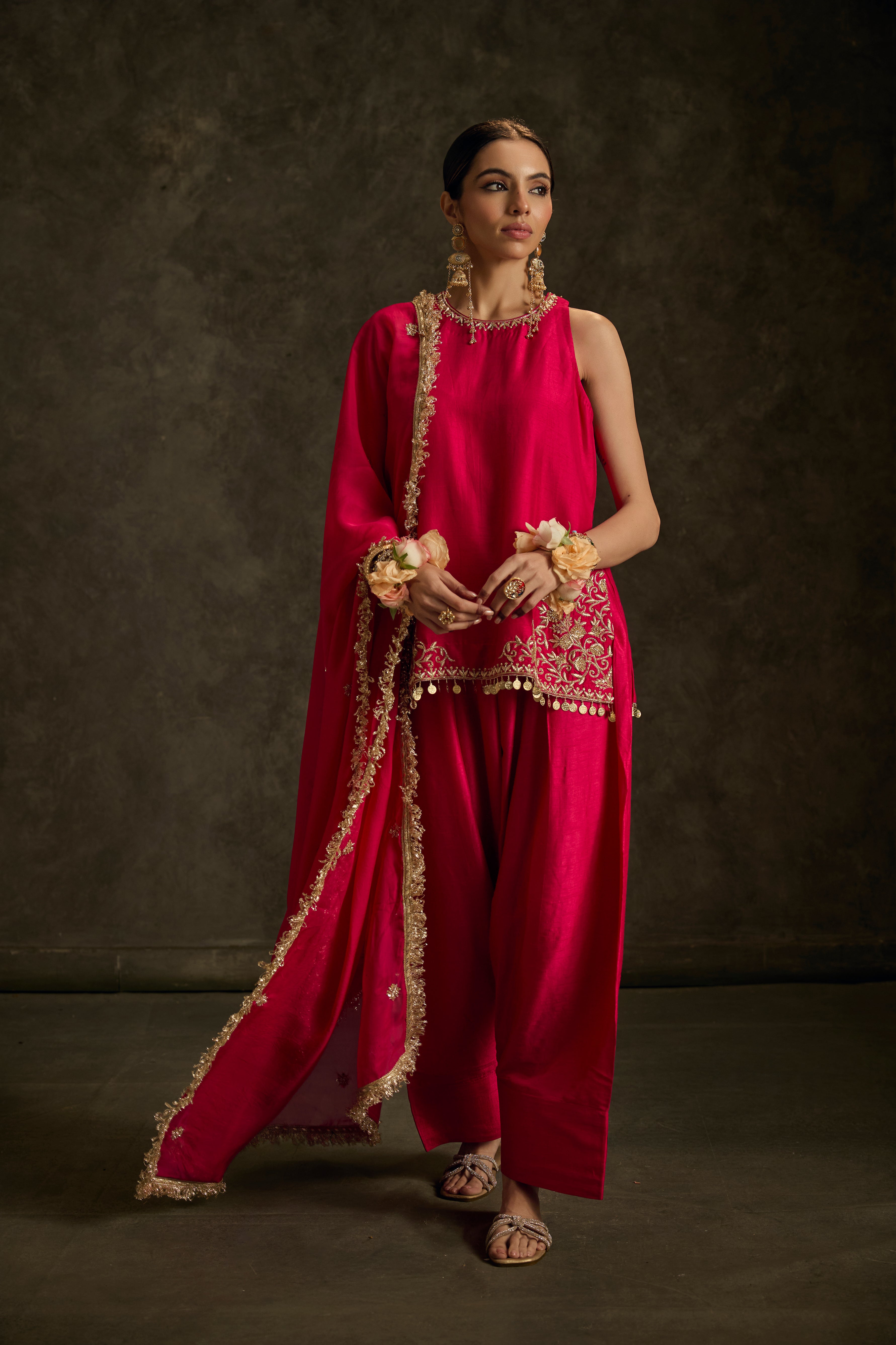 Rooh - Hot Pink Zardozi Kurta Salwaar Set with Embroidered Dupatta