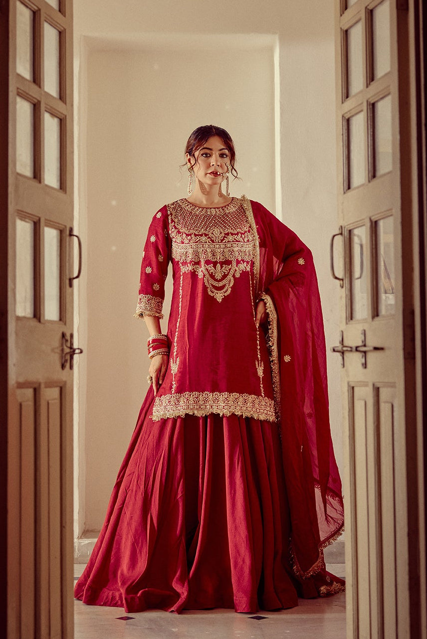 Sairah - Red Kurta Lehenga Set