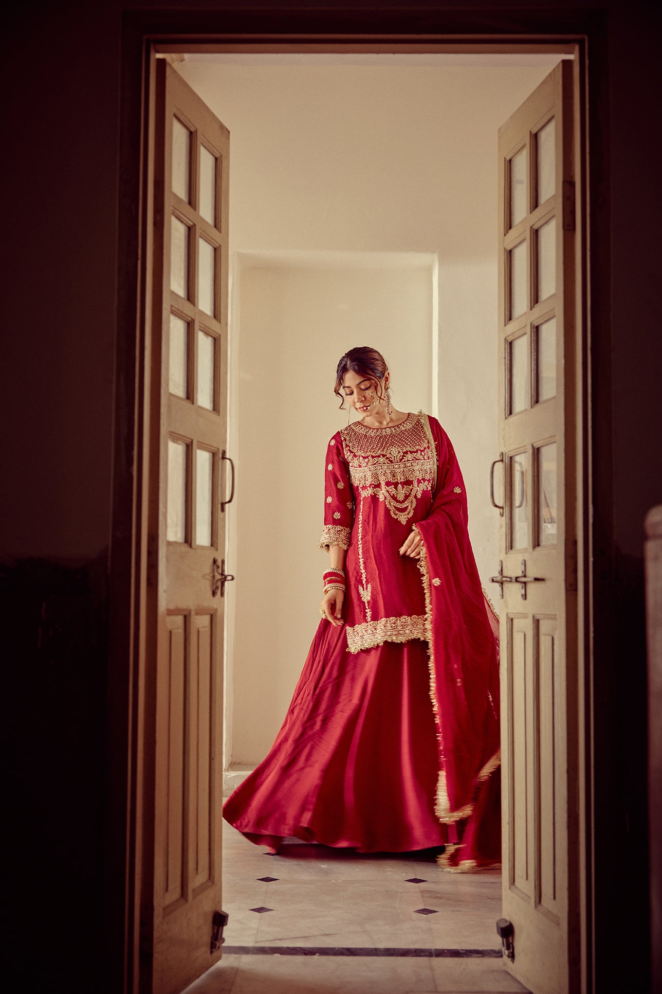Sairah - Red Kurta Lehenga Set