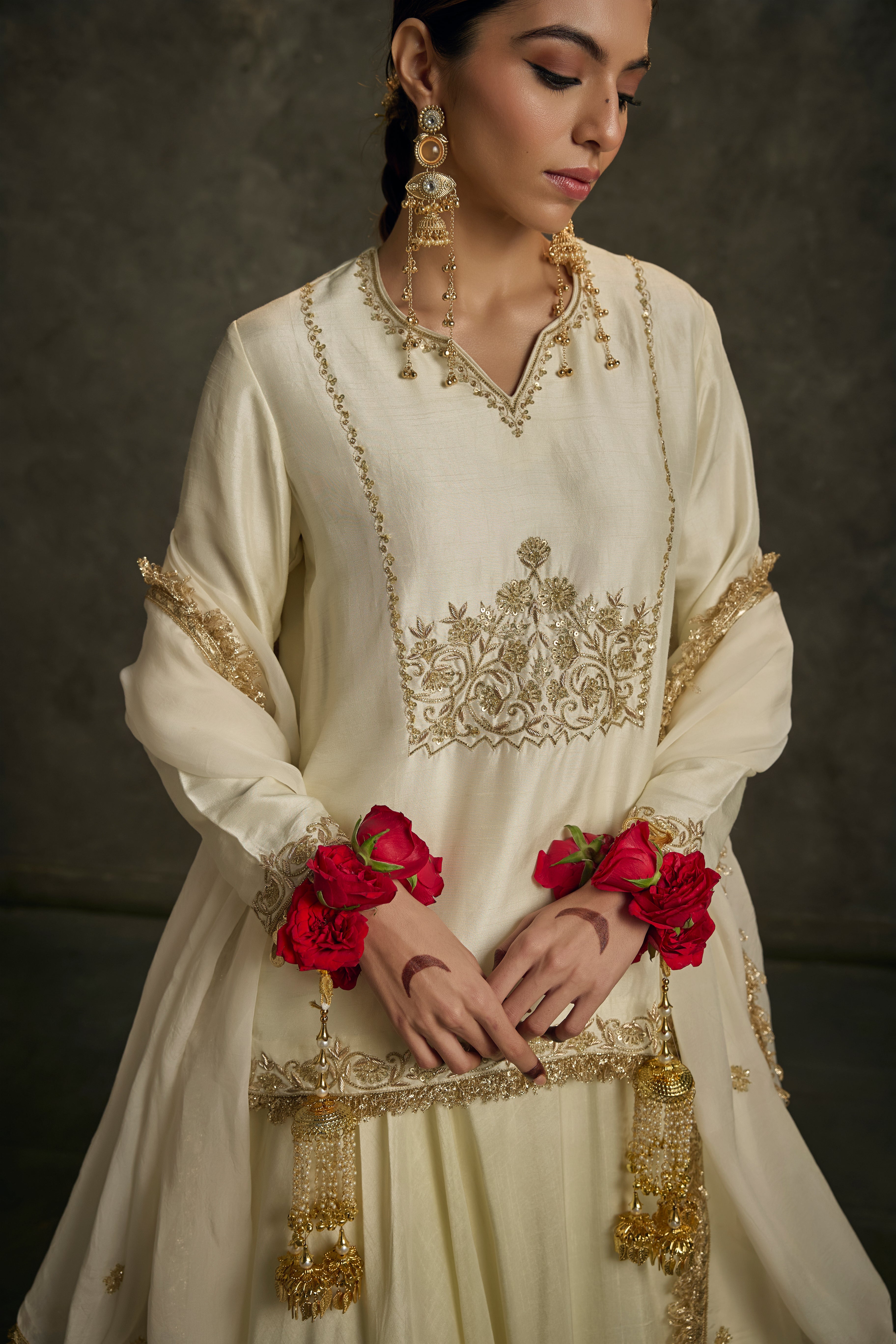 Heeriya - Ivory Hand Embroidered Kurta-Skirt-Dupatta Set