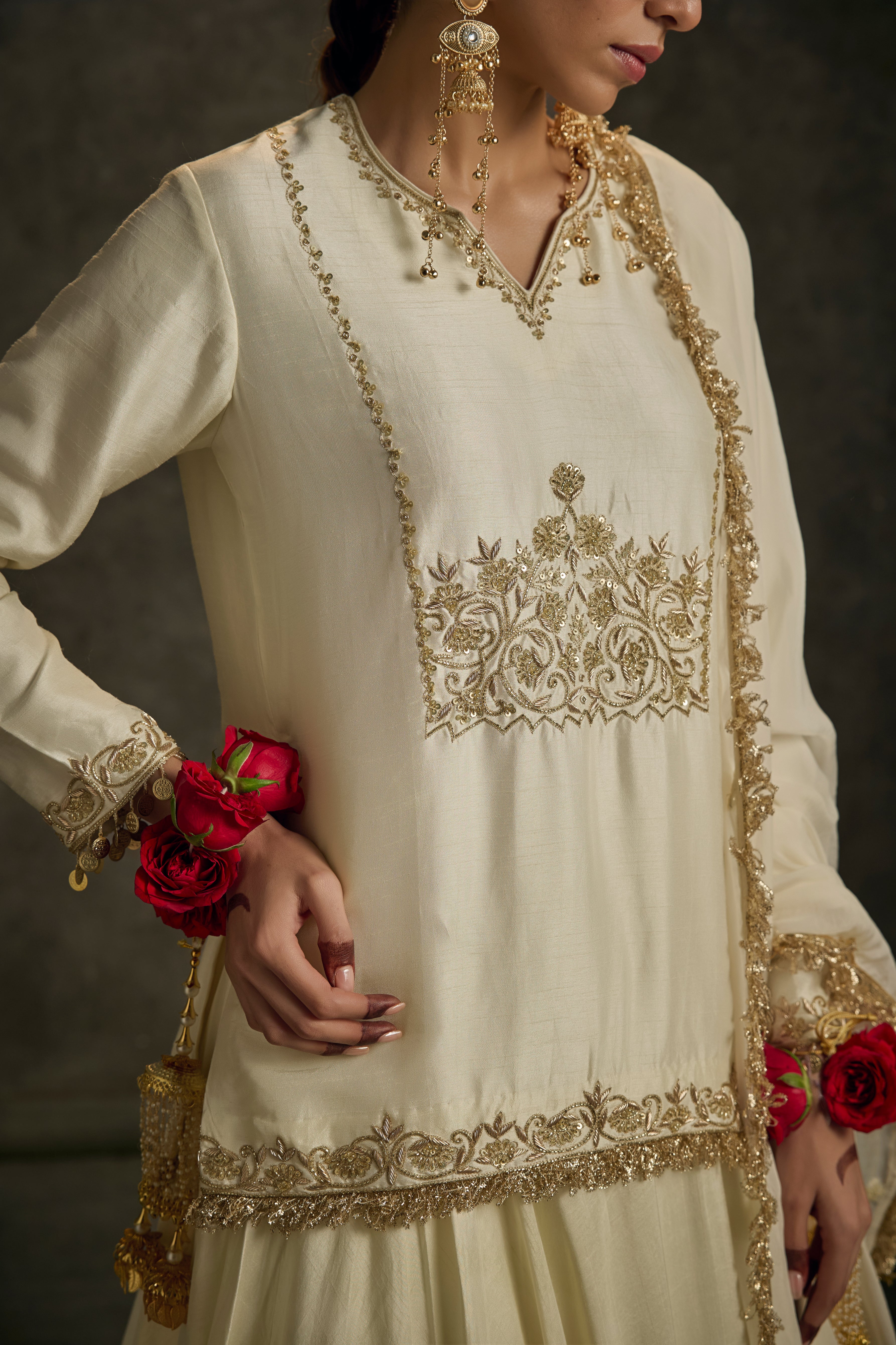 Heeriya - Ivory Hand Embroidered Kurta-Skirt-Dupatta Set