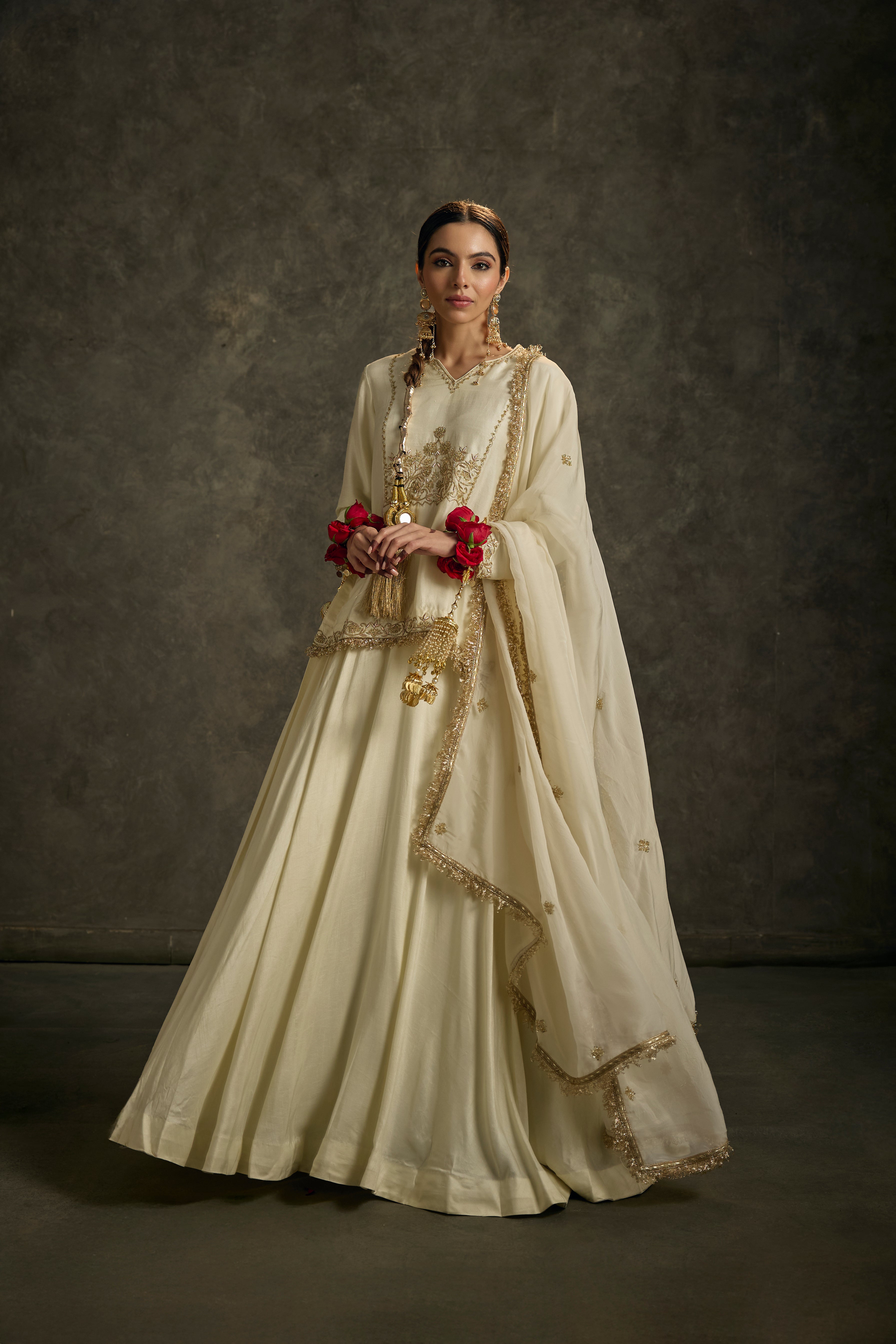 Heeriya - Ivory Hand Embroidered Kurta-Skirt-Dupatta Set